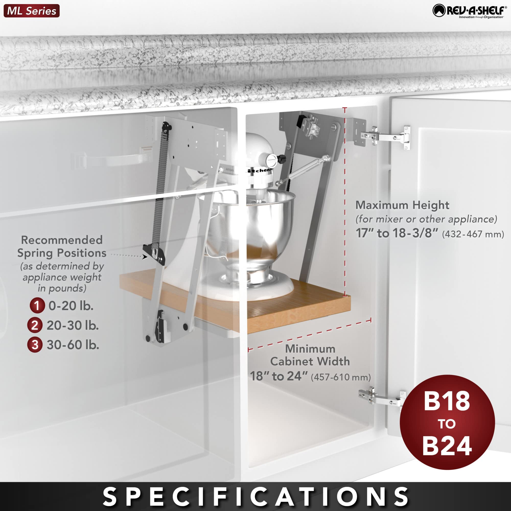 Rev-A-Shelf Heavy-Duty Stand Mixer Lift for Kitchen Base Cabinets, Zinc - Spring-Loaded Lifting System for Small Countertop Appliance Storage, Min Opening Width of 12", RAS-ML-HDCR