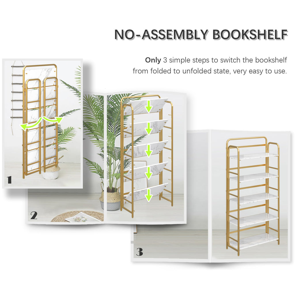 4NM No Assembly Folding Bookshelf, 3 Tiers Collapsible Book Shelves Open Industrial Foldable Storage Bookcase Shelf for Bedroom, Living Room, Home Office - Natural and White