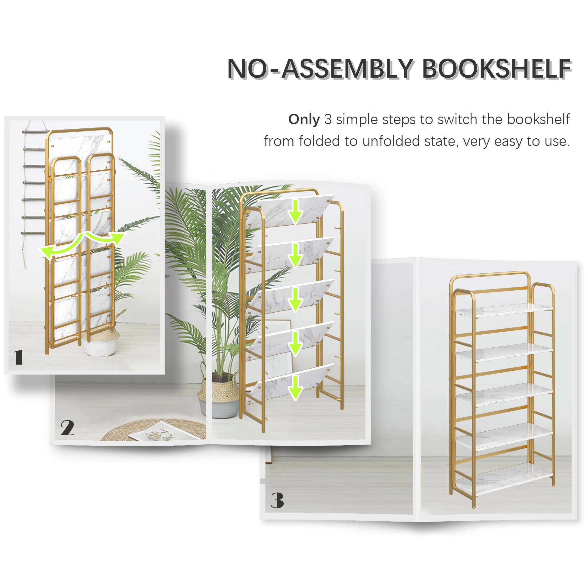 4NM No Assembly Folding Bookshelf, 3 Tiers Collapsible Book Shelves Open Industrial Foldable Storage Bookcase Shelf for Bedroom, Living Room, Home Office - Natural and White