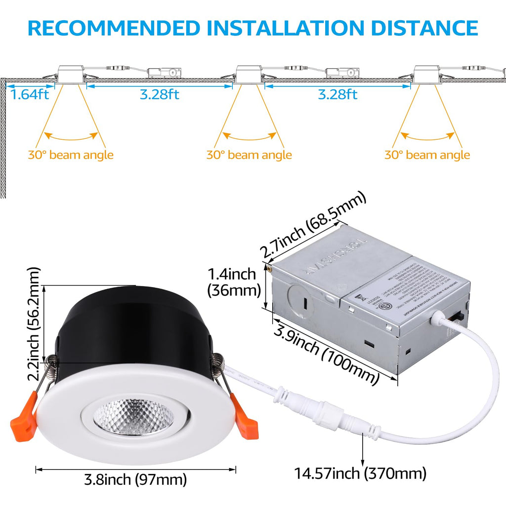 TORCHSTAR 12-Pack 5CCT 3 Inch Gimbal LED Recessed Light, 7W CRI90+ Dimmable Adjustable Eyeball Canless LED Downlight, 2700K/3000K/3500K/4000K/5000K Selectable, Airtight IC, ETL