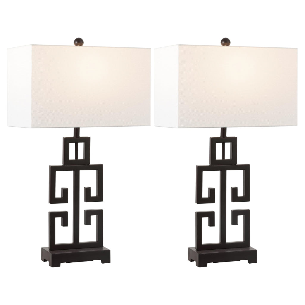 SAFAVIEH Lighting Collection – Greek Key Table Lamp Set of 2 – Antique Gold Metal Base with White Fabric Shade, LED Bulbs Included, 29-Inch Bedroom Living Room Desk Lamps (LIT4305A-SET2)