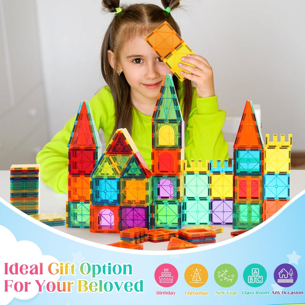 OugerToy Magnetic Building Tiles for Kids,64 PCS Educational Magnetic Stacking Blocks for Boys Girls, Magnets Construction Toys,Stem Preschool Kindergarten Learning Toys