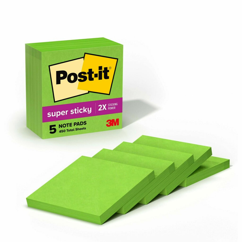 Post-it Super Sticky Notes, 5 Sticky Note Pads, 3 x 3 in., School Supplies, Office Products, Sticky Notes for Vertical Surfaces, Monitors, Walls and Windows, Limeade Green