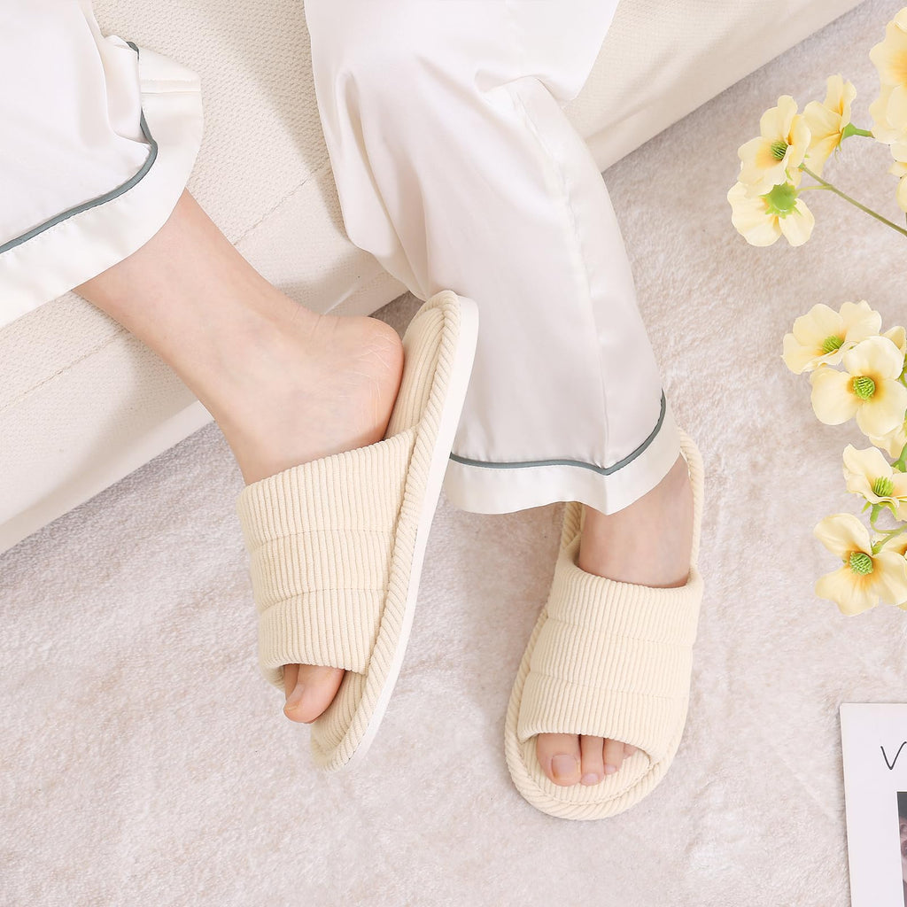 shevalues Terry Cloth Open Toe Slippers for Women Memory Foam Slip On House Slippers