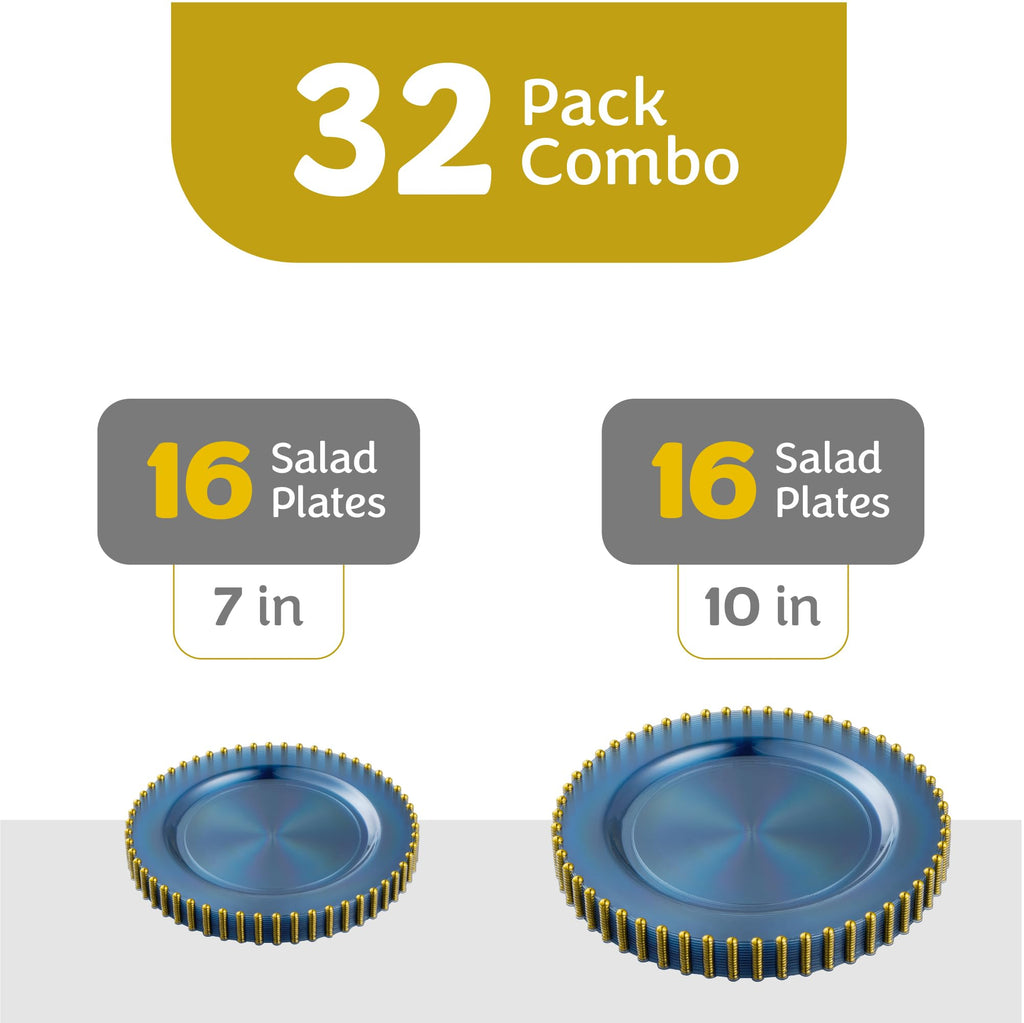 PLASTICPRO 32 Piece Combo Plastic Dinner Plates Disposable Plastic Fancy Heavy Duty Party Dishes 7 inch and 10 inch, Black and Gold Beaded