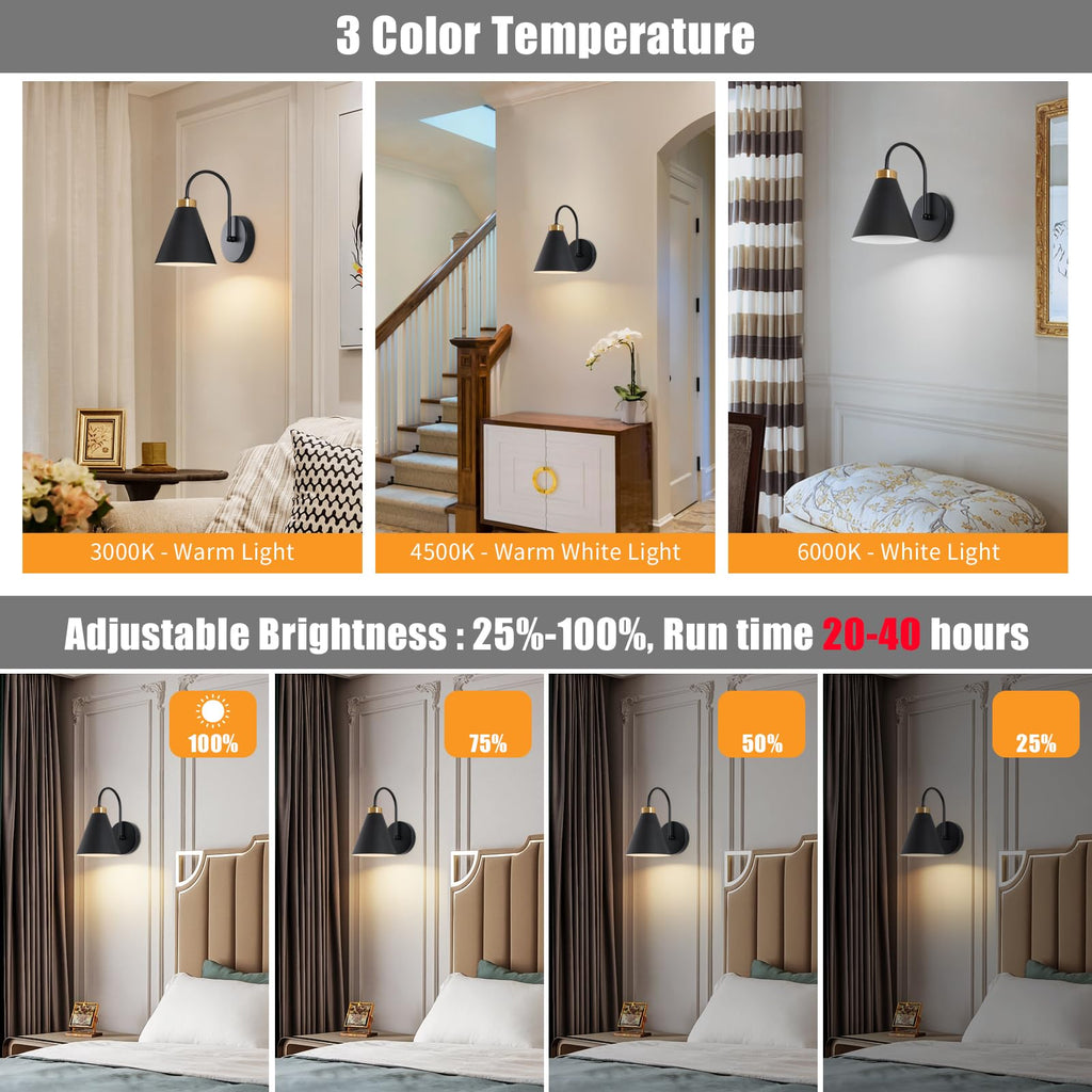 Powfloven Vintage Rechargeable Wall Sconces Set of 2, Battery Operated Bedside Wall Lamps with Remote Control, Wireless Gooseneck Indoor LED Lights Fixture for Bedroom Hallway, Black
