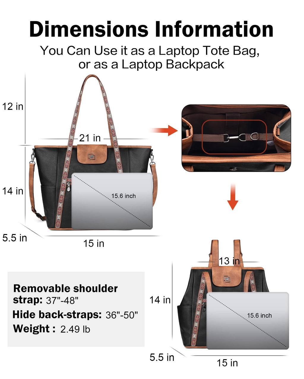 FADEON Large Laptop Tote Bag for Women Designer Leather Laptop Bag Fashion Travel Backpack Purse Shoulder Handbag