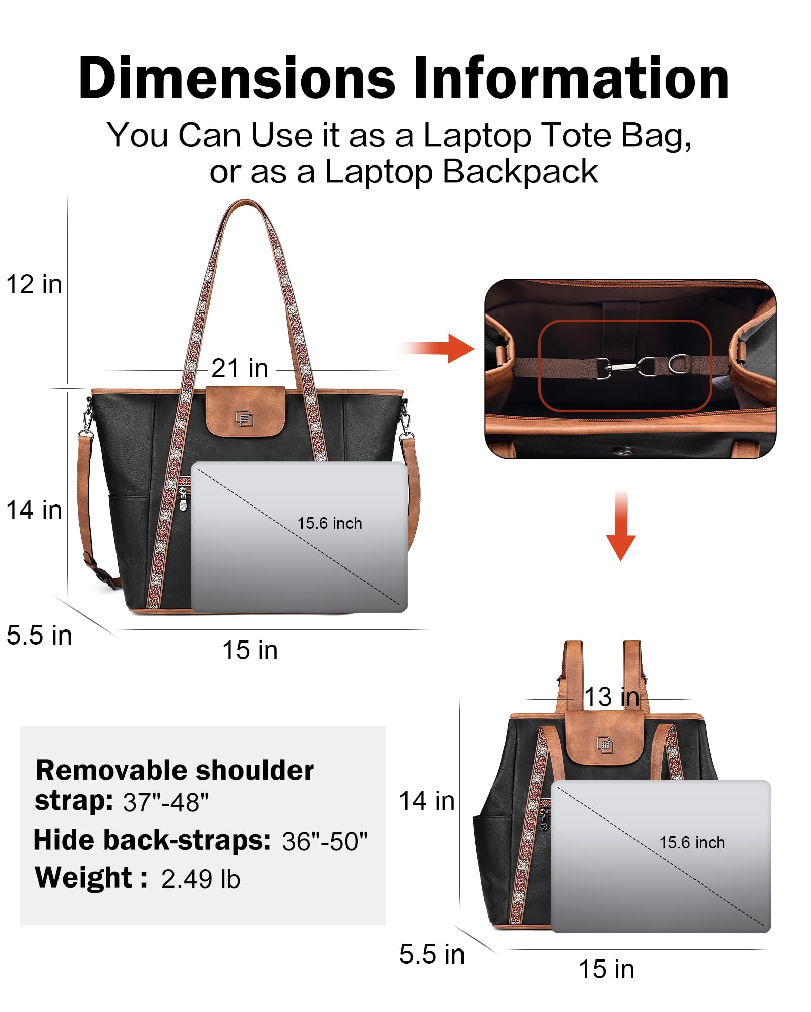 FADEON Large Laptop Tote Bag for Women Designer Leather Laptop Bag Fashion Travel Backpack Purse Shoulder Handbag