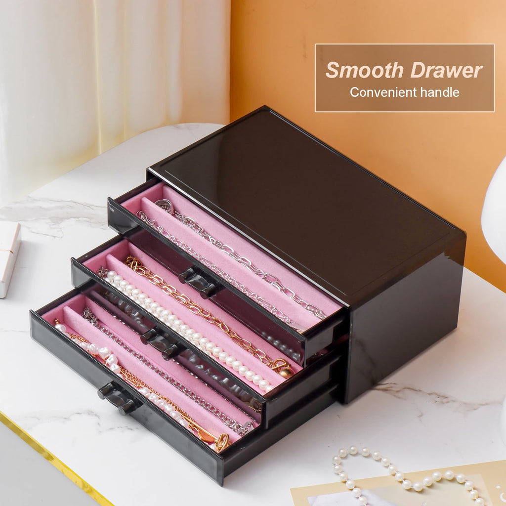 YUFONG Necklace Holder Organizer, Dustproof Necklace Box Velvet Necklace Organizer Box with Lid Clear Acrylic Dustproof Stackable Jewelry Displays for Necklaces Chain Display (Beige, 3 Drawer)