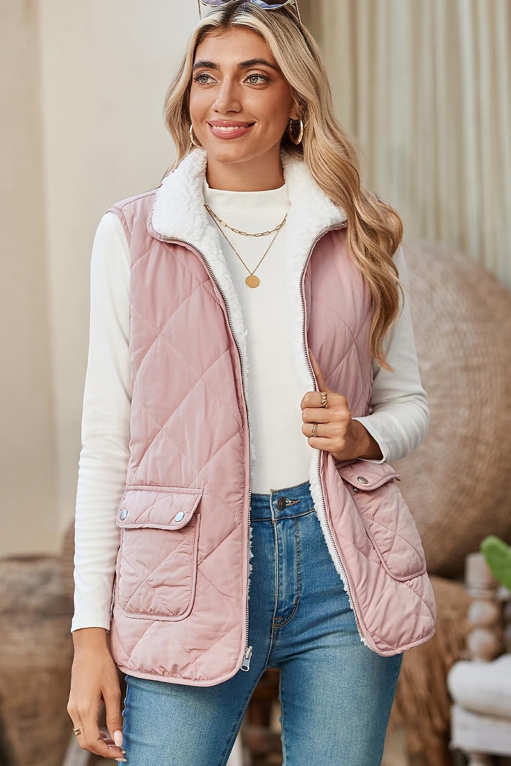 SHEWIN Women Puffer Vest Casual Stand Collar Sleeveless Puffer Jacket Warm Winter Reversible Zip Up Outerwear with Pockets