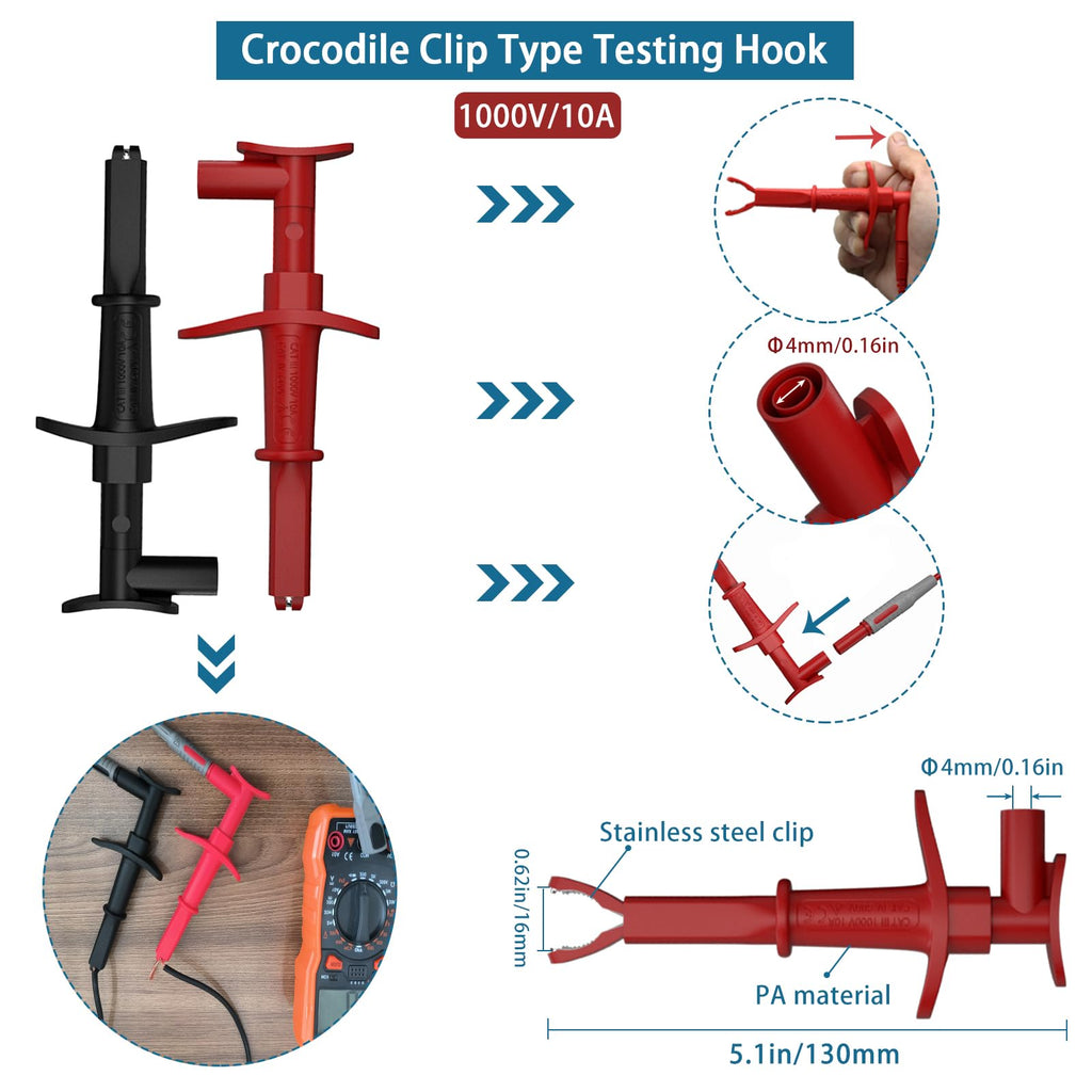 12pc Multimeter Test Leads,Test Leads with Alligator Clips,Test Hook,Banana Plug Leads,Telescopic Testing Hook,Suitable for Fluke, Kaiweets, Innova Multimeter, Voltmeter, Clamp Meter
