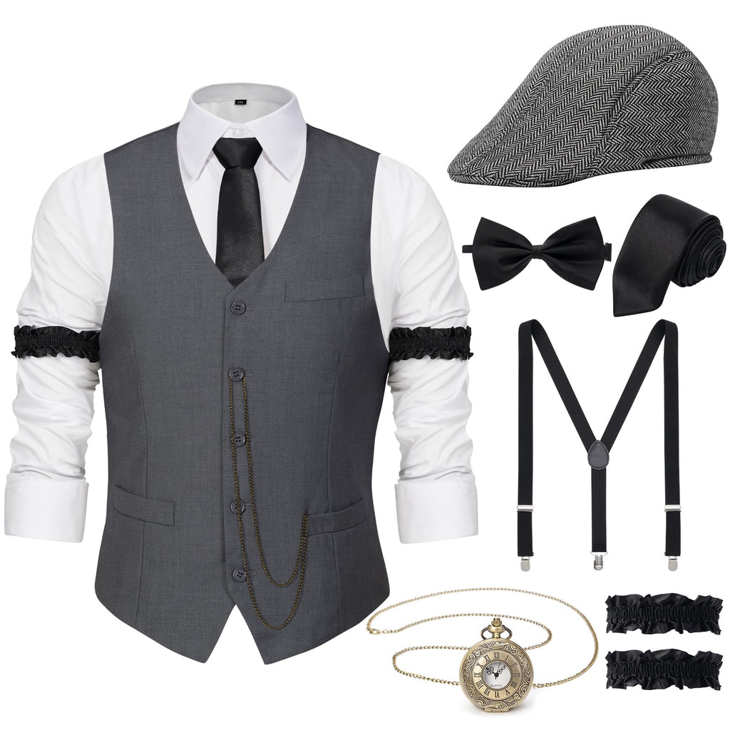 YESSA 1920s Mens Costume,Roaring 20s Costumes for Men,Gatsby Costume Men,1920s Mens Outfit Hat Vest Pocket Watch Tie