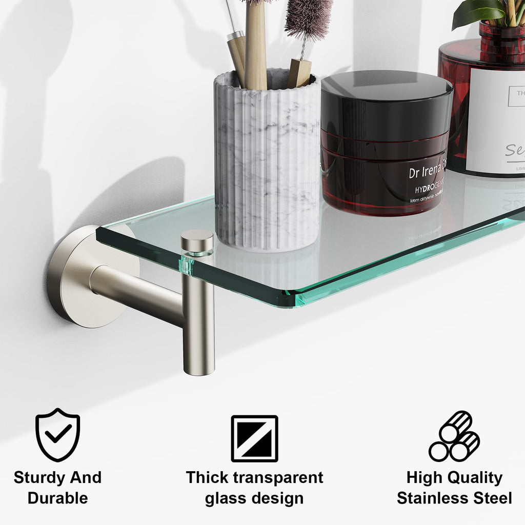 Glass Bathroom Shelves,Brushed Gold Floating Shelves for Wall Rectangular Modern Stainless Steel Glass Shelf for Bathroom Shelves wall Mounted 16 Inch