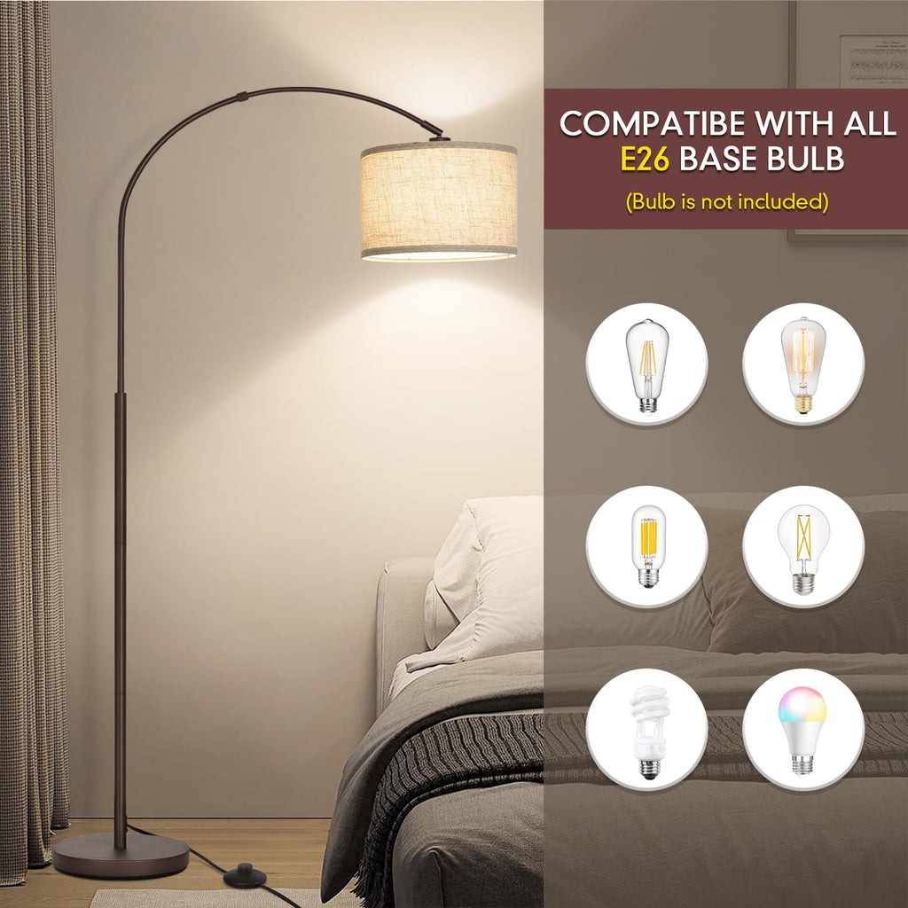 Rattan Floor Lamp, Arc Floor Lamps for Living Room, Farmhouse Standing Lamp with Adjustable Hanging Fabric Shade, Tall Pole Lamp with Foot Switch, Over Couch Arched Reading Light for Bedroom, Office
