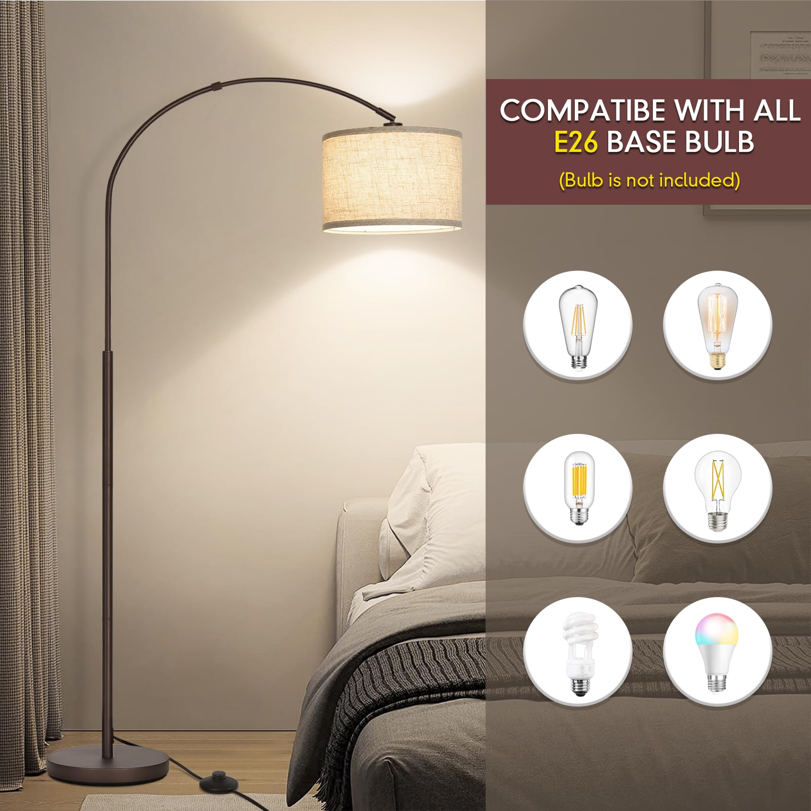Rattan Floor Lamp, Arc Floor Lamps for Living Room, Farmhouse Standing Lamp with Adjustable Hanging Fabric Shade, Tall Pole Lamp with Foot Switch, Over Couch Arched Reading Light for Bedroom, Office