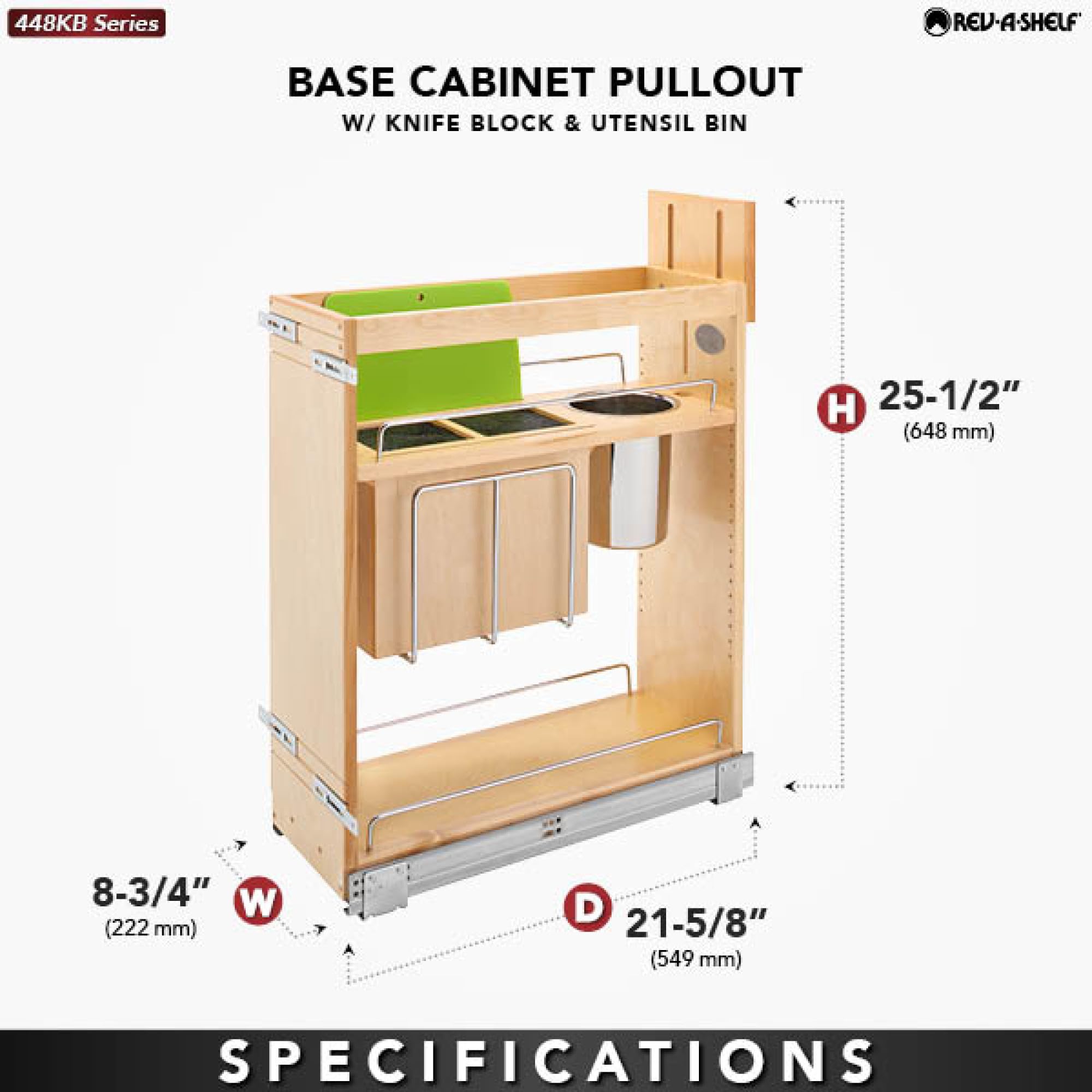 Rev-A-Shelf Wood Base Cabinet Knife Block Pullout Organizer w/Soft-Close