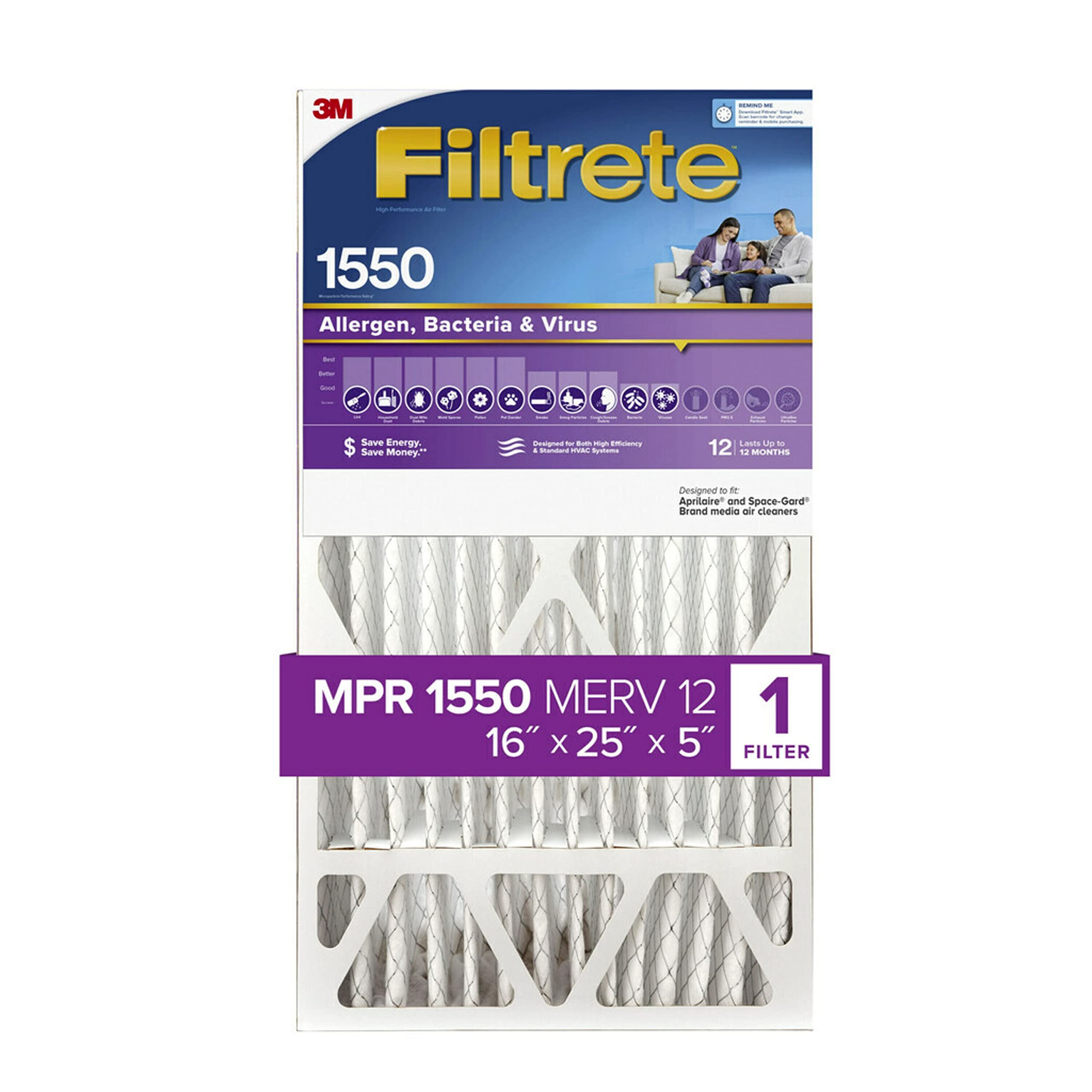 Filtrete 16x25x5, AC Furnace Air Filter, MPR 1550 DP, Healthy Living Ultra Allergen Deep Pleat, 1-Pack (actual dimensions 15.75 x 24.13 x 4.88)