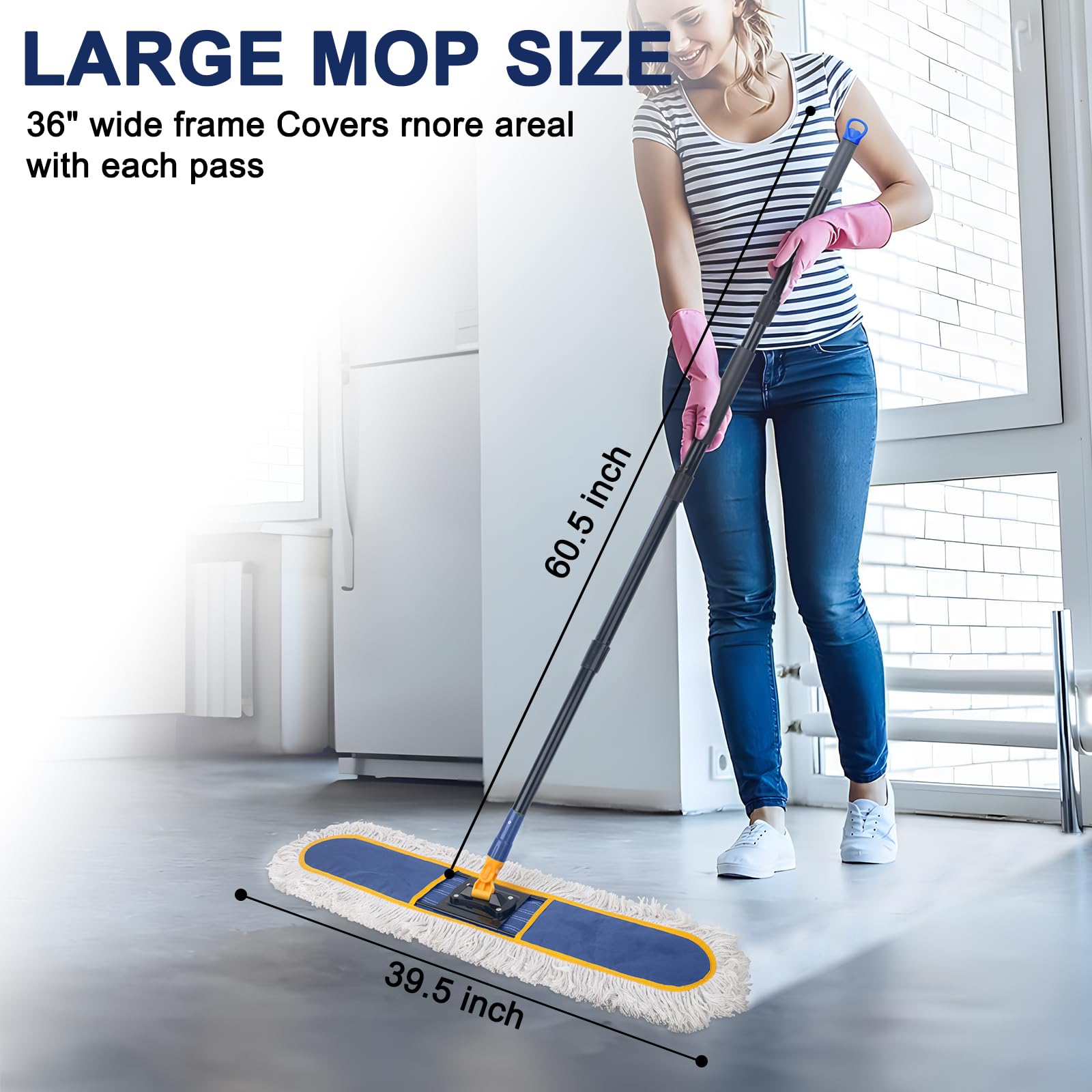 KeFanta 36" Commercial Dust Mops for Floor Cleaning,Industrial Dry Mop with Heavy Duty Long Handle,Large Cotton Reusable Mop Head,for Hardwood,Tile,Concrete,Laminate,Garage Floors(Blue)