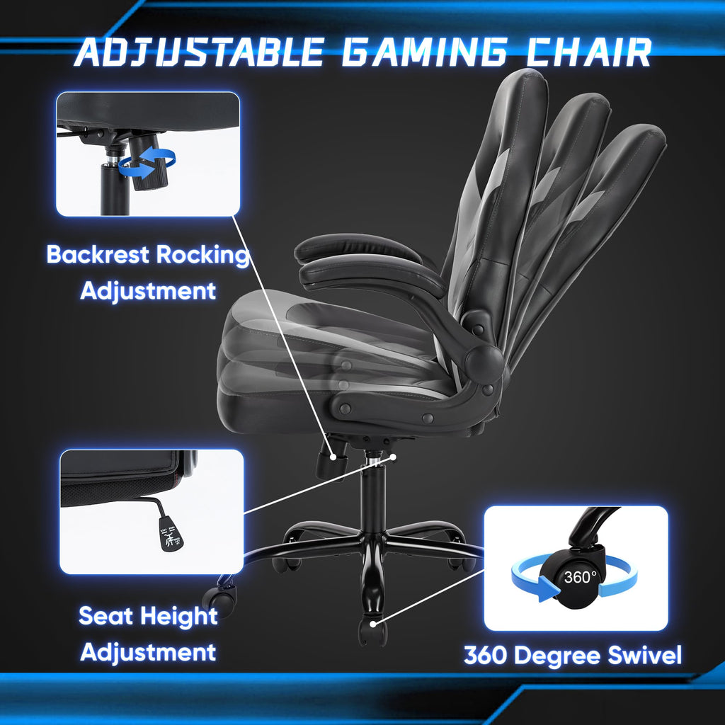 OLIXIS Computer Gaming Desk Chair - Ergonomic Video Game with Comfy Lumbar Support and headrest, PU Leather with Flip-up Arms, Adjustable Height and Swivel Wheels, for Adults, Black