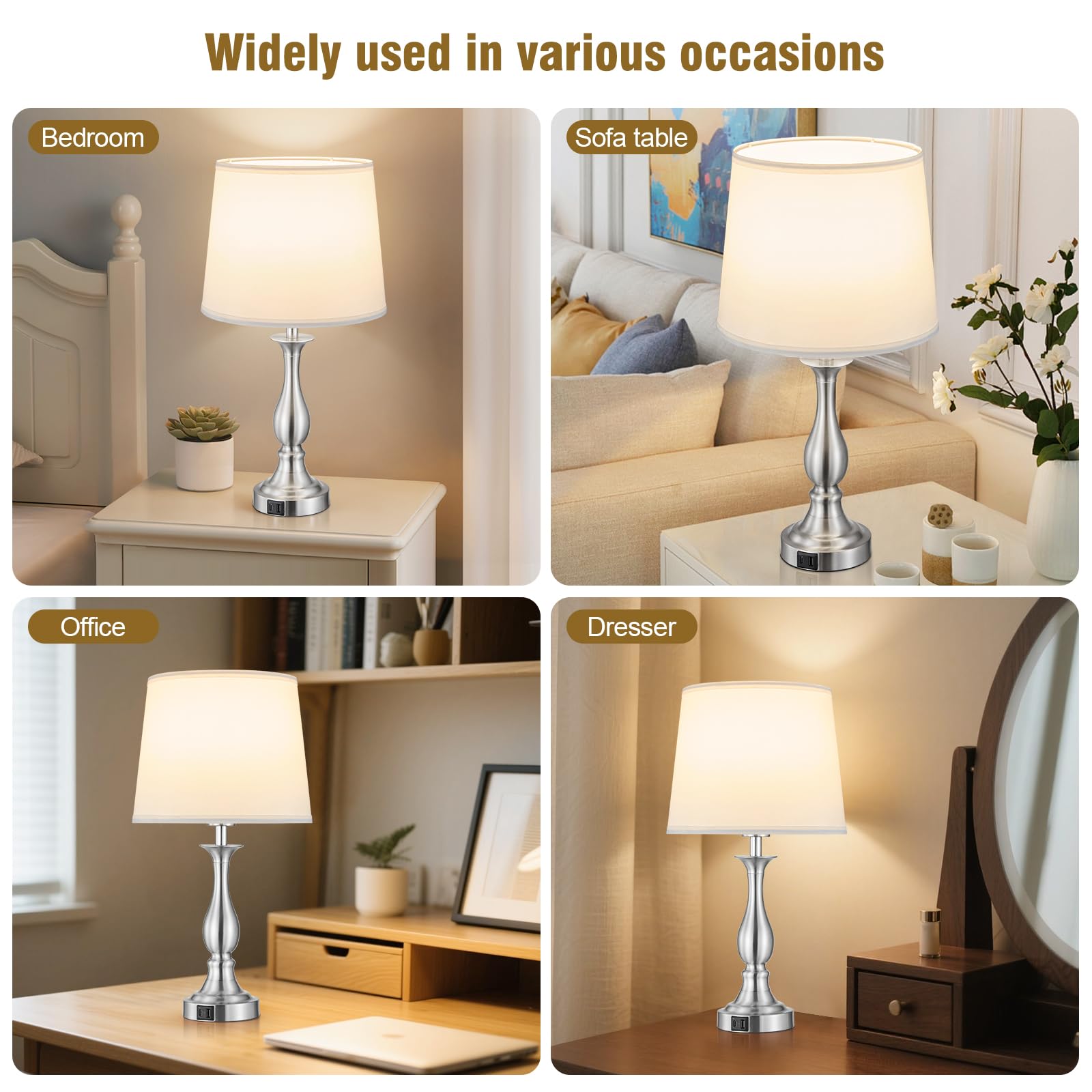 Bedside Table Lamp Touch Control Bedroom Lamps with USB A and C Charging Port 3 Way Dimmable Touch Lamps for Nightstand Living Room Bedroom Dorm Home Office Reading, Set of 2