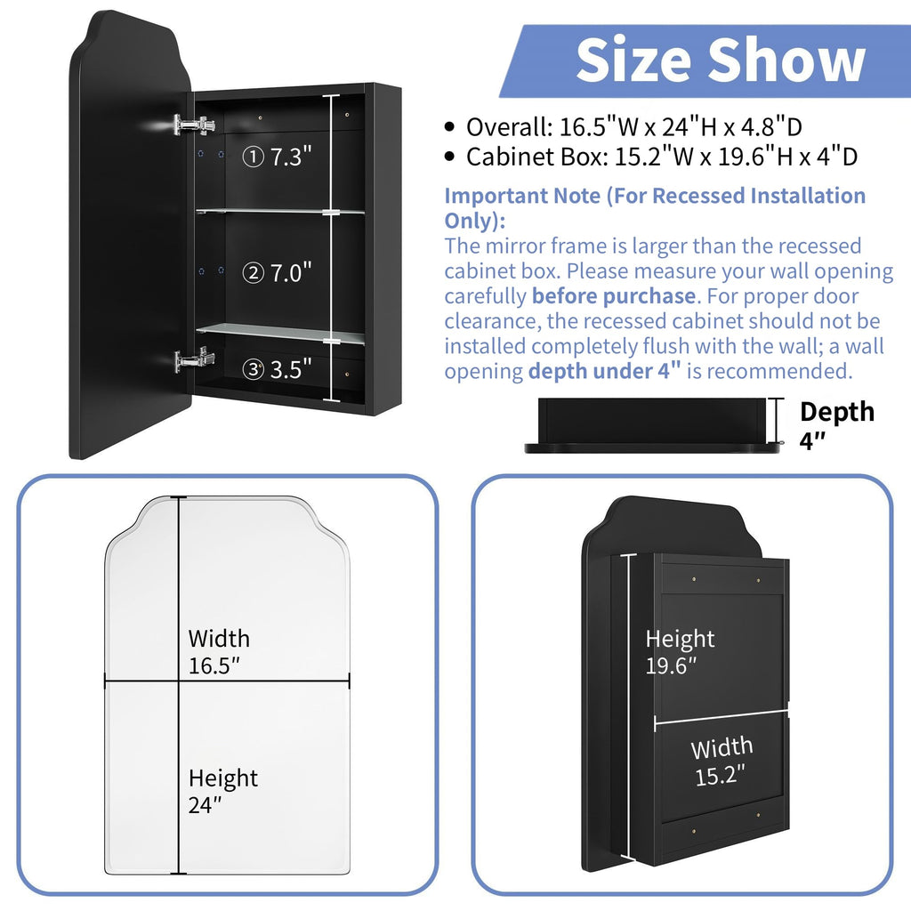 AGDULL Victorian Surface Mount or Recessed Medicine Cabinet, Wood Bathroom Wall Cabinet with Arched Mirror, Black, Left-Swing Door, Overall 16.5" W x 24" H