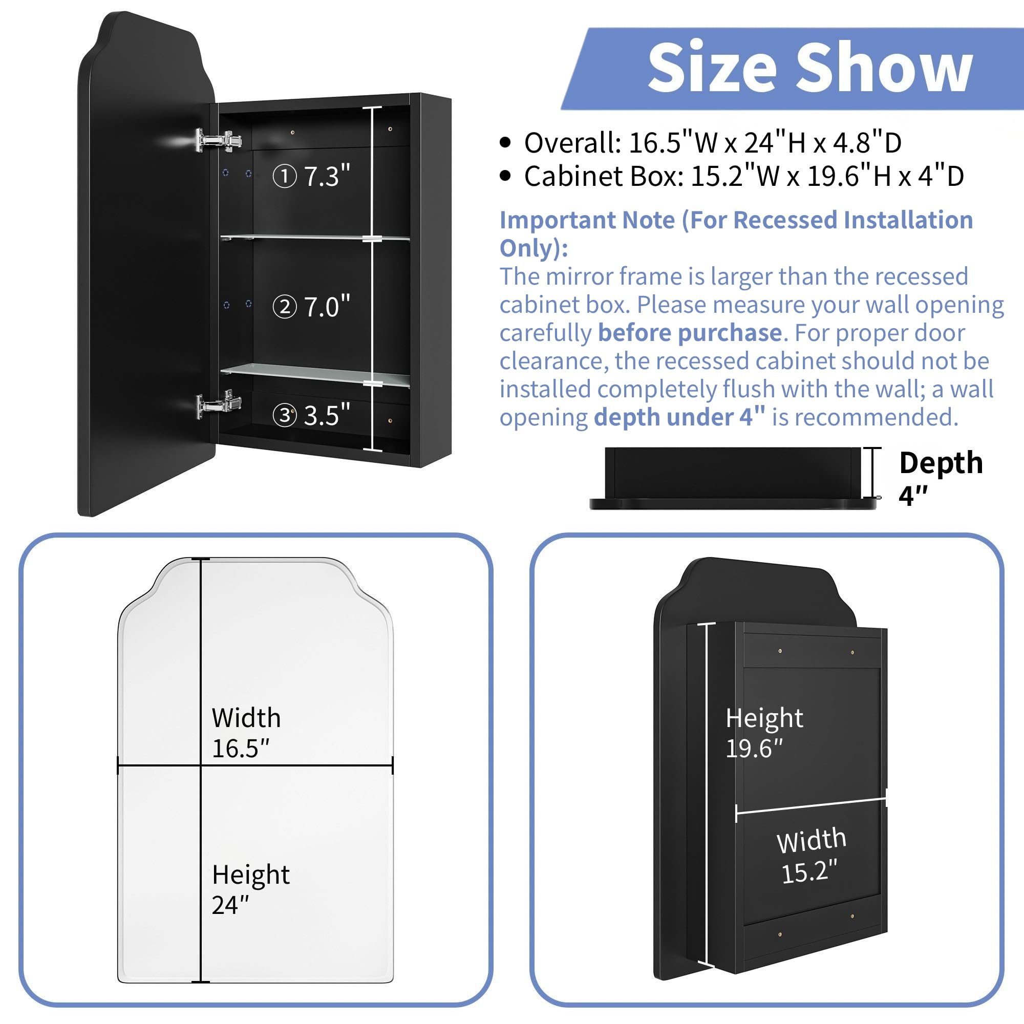AGDULL Victorian Surface Mount or Recessed Medicine Cabinet, Wood Bathroom Wall Cabinet with Arched Mirror, Black, Left-Swing Door, Overall 16.5" W x 24" H