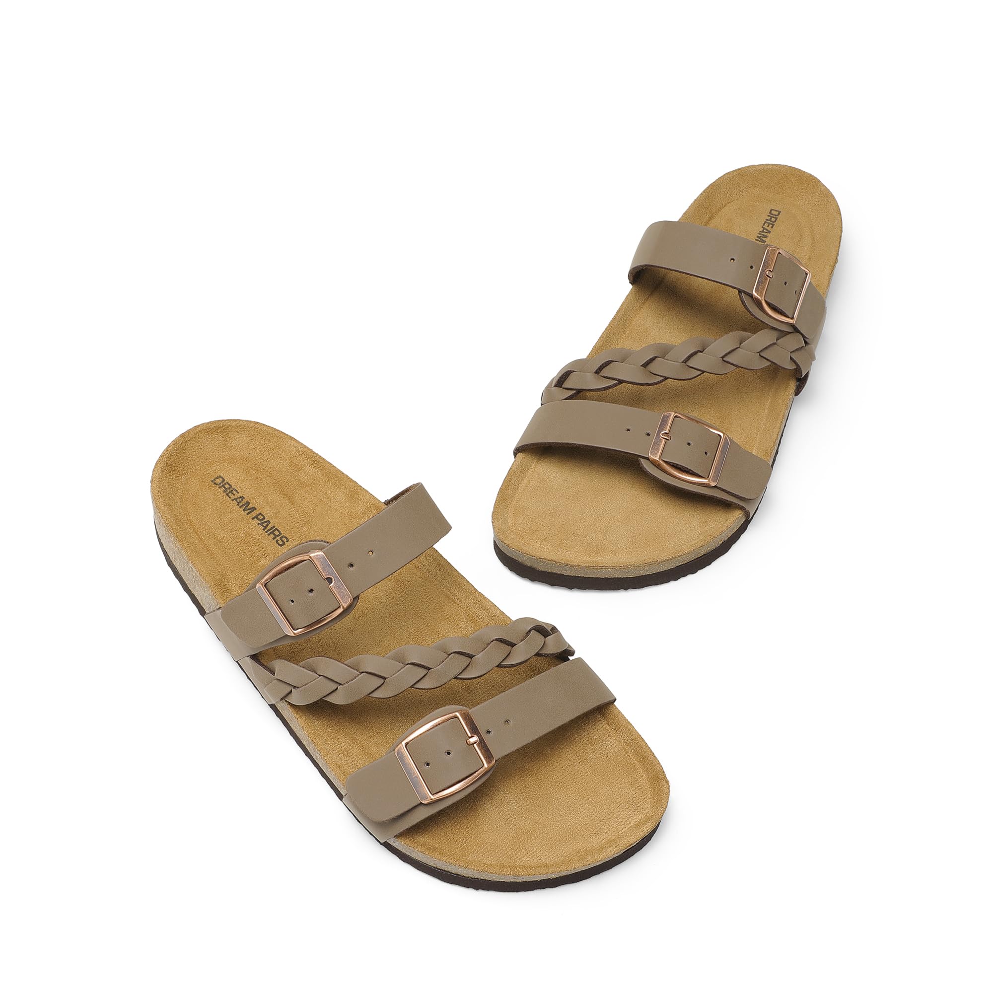 DREAM PAIRS Women's Slides Soft Cork Footbed Sandals Comfortable Walking Slip-on Flat Sandals Arch Support Adjustable Buckle Braided Straps Slippers