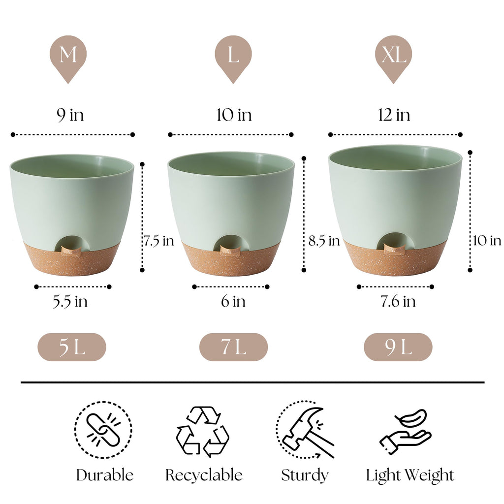 TYMENSH Plant Pots 12/10/9 Inch Set of 3, Self Watering Planters with Drainage Holes and Water Reservoir, Heavy Duty Plastic Flower Pots for Indoor Outdoor Plants, Green