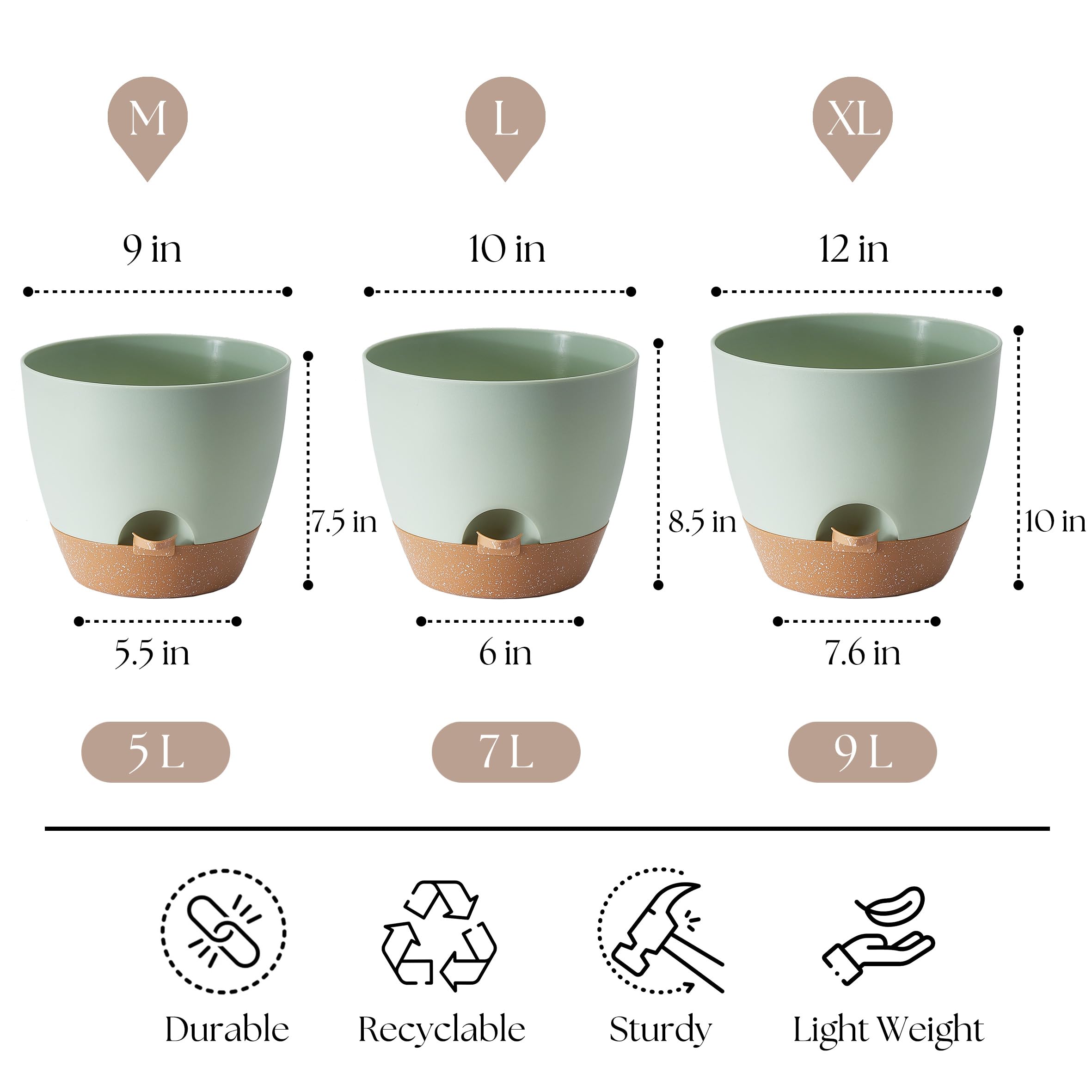 TYMENSH Plant Pots 12/10/9 Inch Set of 3, Self Watering Planters with Drainage Holes and Water Reservoir, Heavy Duty Plastic Flower Pots for Indoor Outdoor Plants, Green