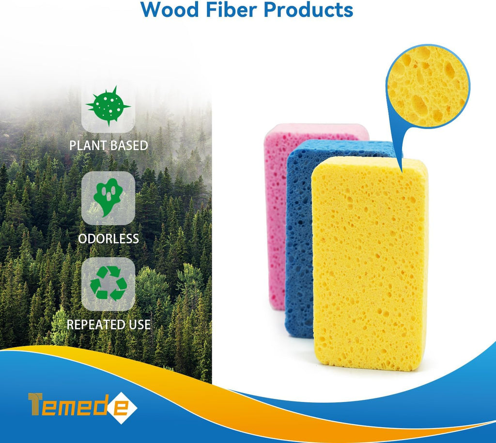 Temede Large Cellulose Sponges, Kitchen Sponges for Dish, Thick Heavy Duty Scrub Sponges, Non-Scratch Scrubber for Household, Cookware, Bathroom, Compressed Packaging (5 Pack)