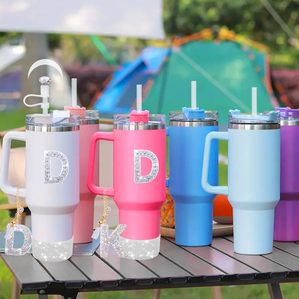 Mity rain Accessories Set for Stanley Cup, Initials Decorations for Tumbler Cup 30/40OZ, Including Diamond Straw Topper/Spill Proof Stopper/Sparkly Silicone Boot Set/Letter Charms for Handle A-Z (A-)