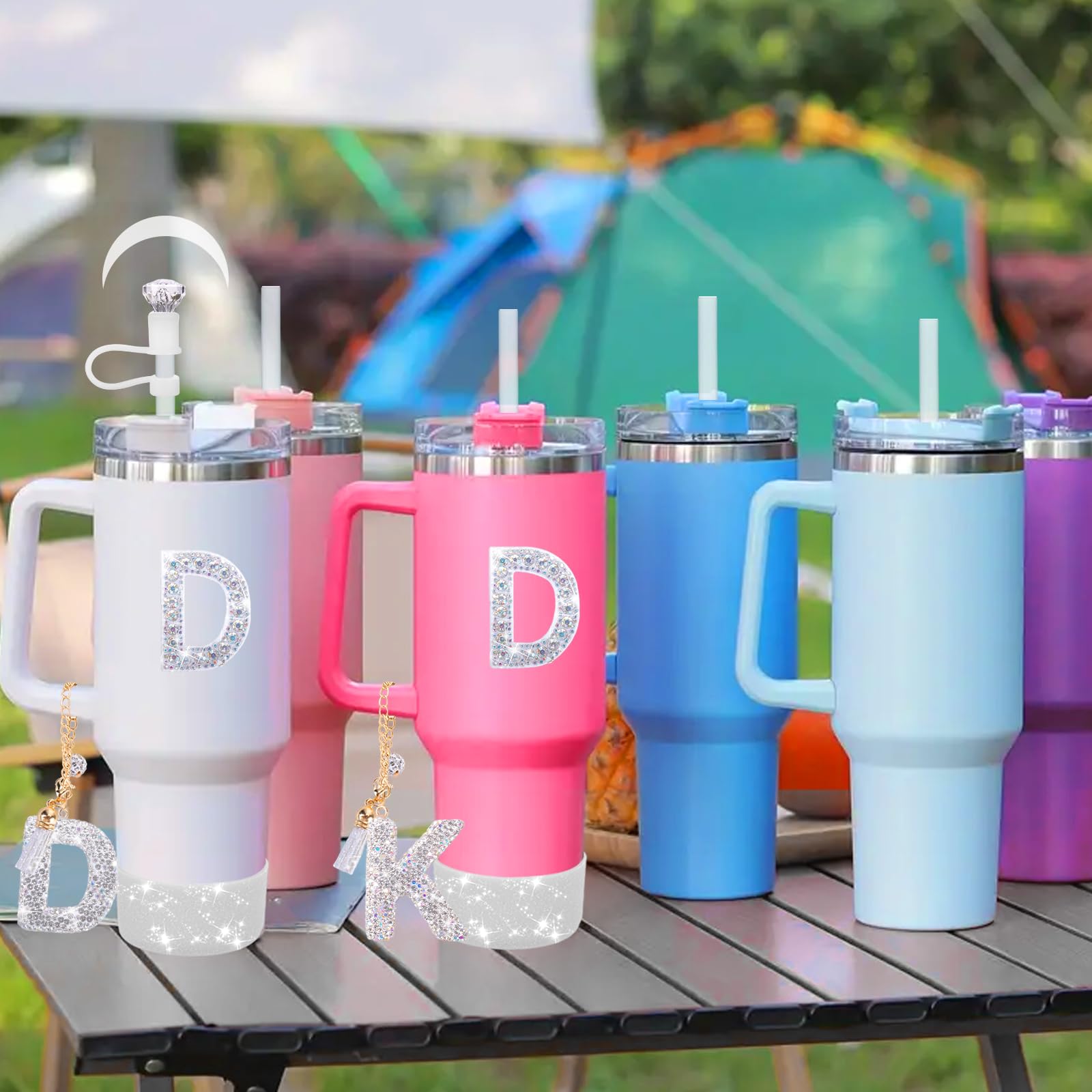 Mity rain Accessories Set for Stanley Cup, Initials Decorations for Tumbler Cup 30/40OZ, Including Diamond Straw Topper/Spill Proof Stopper/Sparkly Silicone Boot Set/Letter Charms for Handle A-Z (A-)