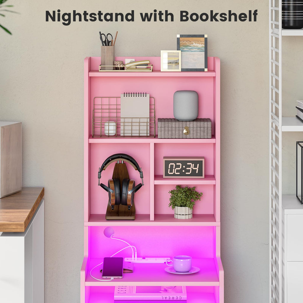 BTHFST Tall Nightstand with LED Lights and Charging Station, LED Black Nightstand with Shelves and 2 Drawers, Bedside Table with Bookshelf, Tall Side End Table with Storage