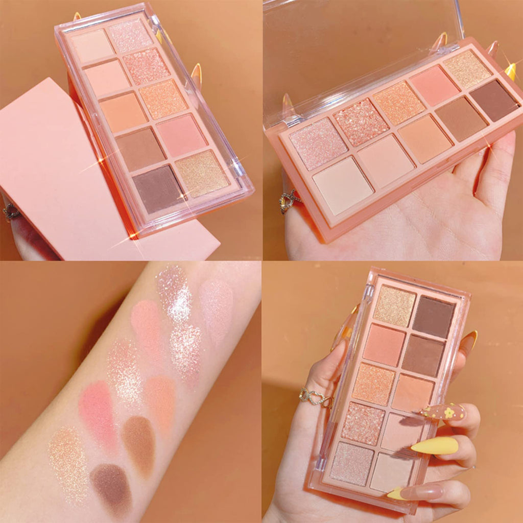 Erinde 10 Colors Eyeshadow Palette Makeup - Matte Shimmer Glitter Eye Shadow Korean Makeup, Ultra-Blendable, High Pigmented, Natural-Looking, Peach Brown Eyeshadow Pallet with Brush, Peach Color