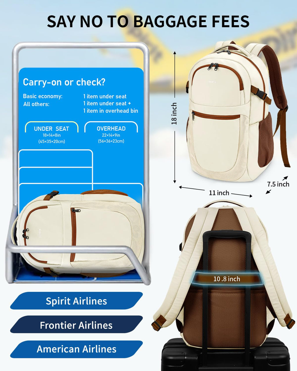 ECOHUB Travel Backpack for Women, 17.3 inch Suspended Laptop Backpack, Fashion Slim Water-Resistant College Computer Bookbag, 28L Personal Item Bag with 12 Pockets for Causal, Work, Beige