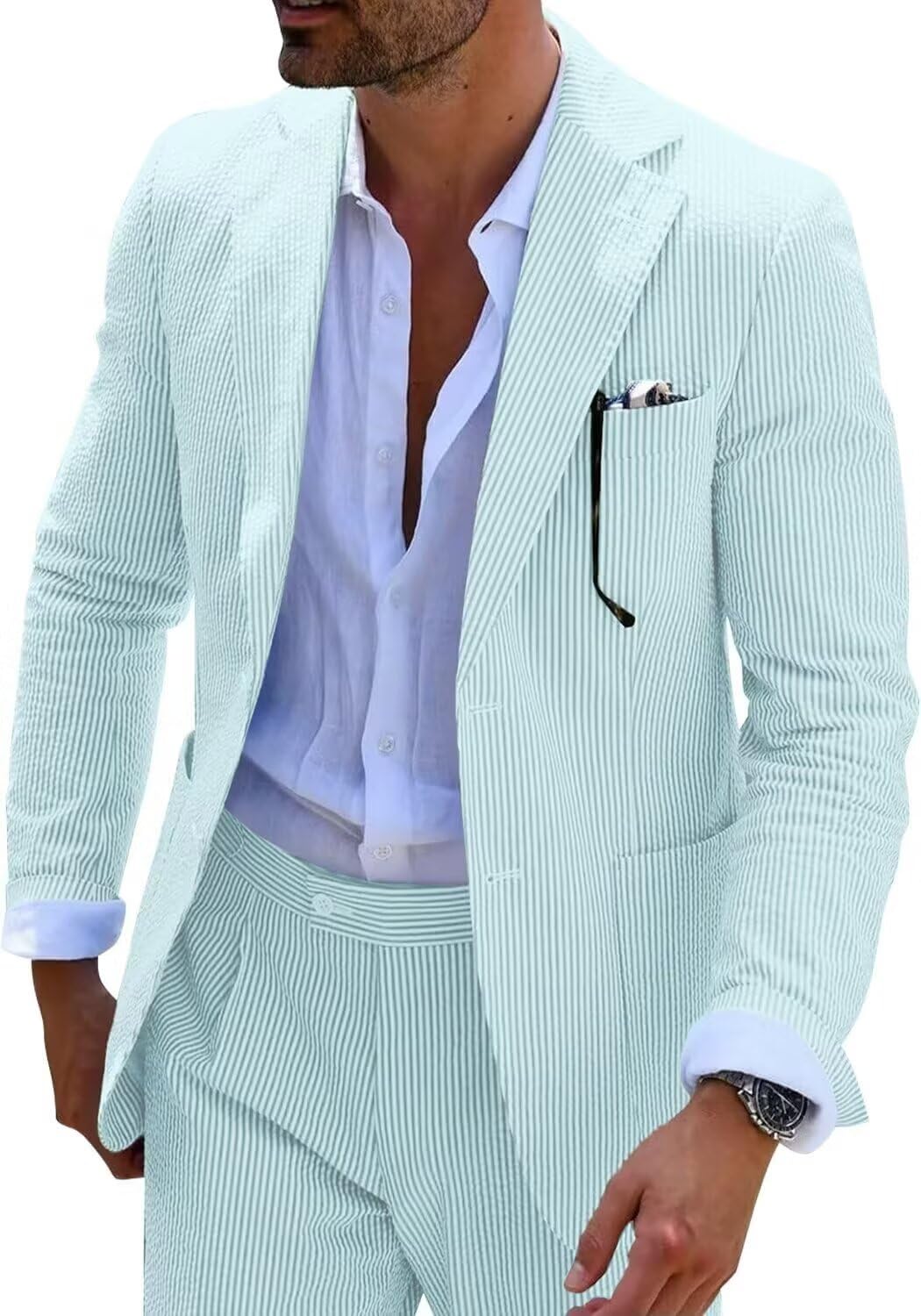 Wehilion Men's Seersucker Summer Suit Groom Wedding Seersucker Outfit Slim Fit Formal Suit Set for Men