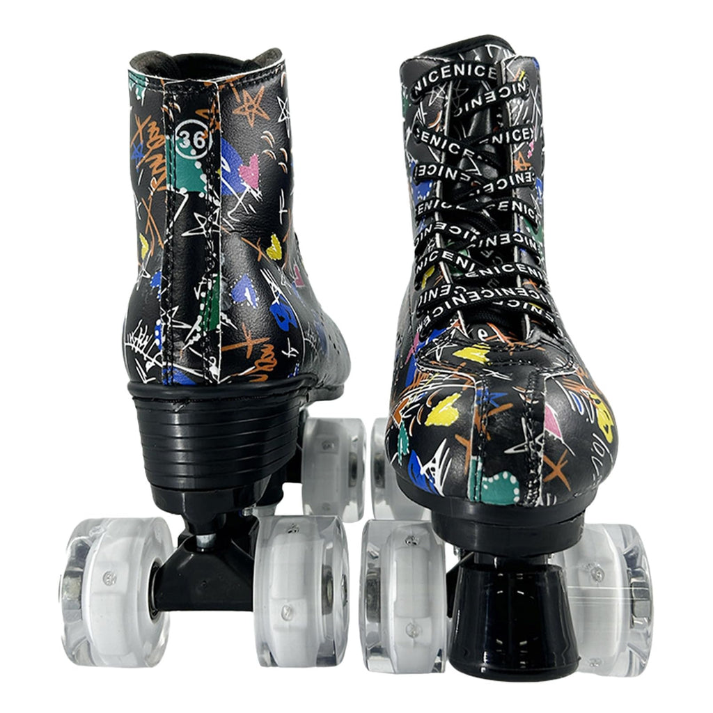 Roller Skates for Men and Women, Black Derby Roller Skates with 4 Shiny Wheel, Classic Double-Row Roller Skates for Indoor and Outdoor