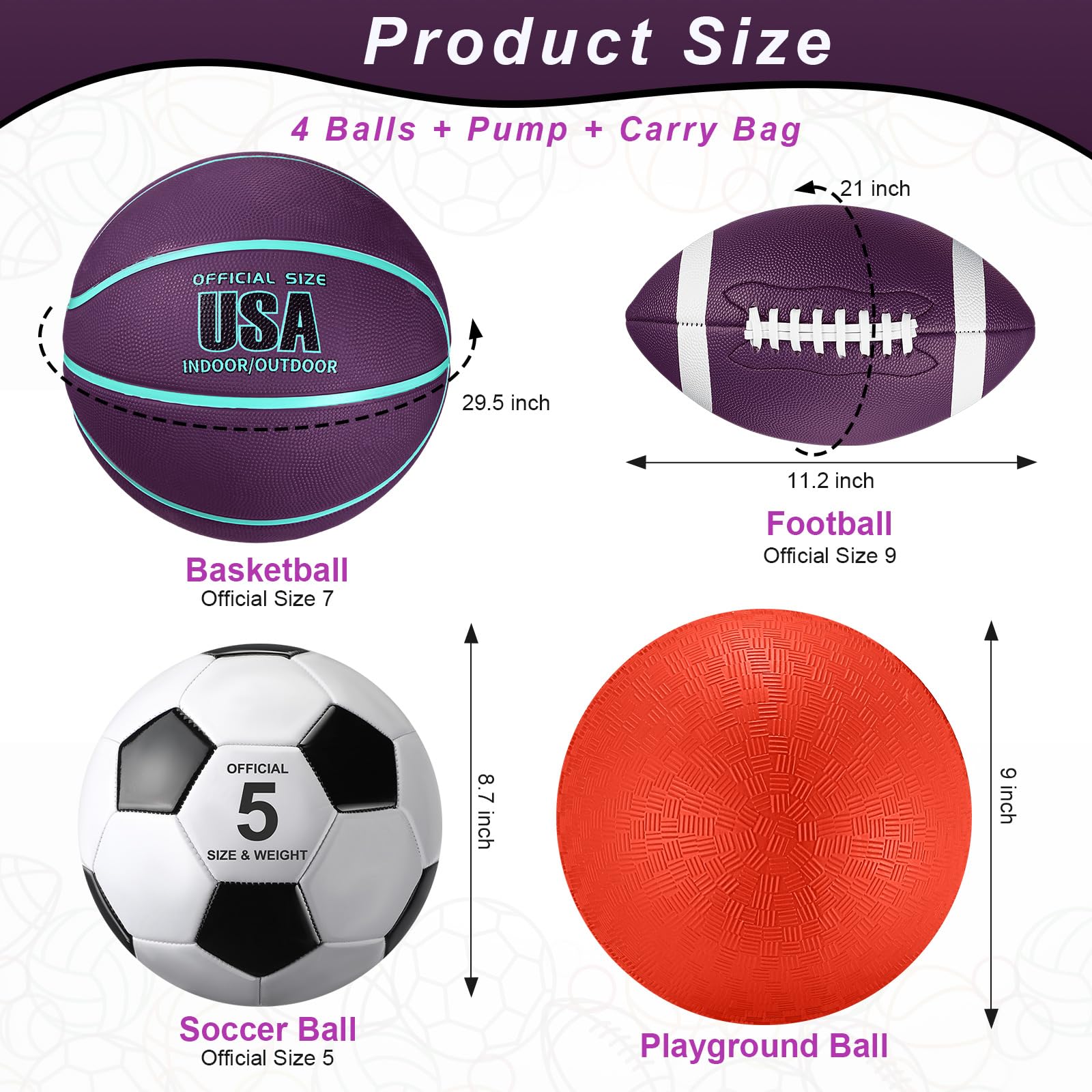 Lenwen 4 Pcs Sports Balls Set for Teen Adult, Include Official Size Basketball Soccer Football Playground Ball Pump Equipment Bag Ball Gifts Back to School