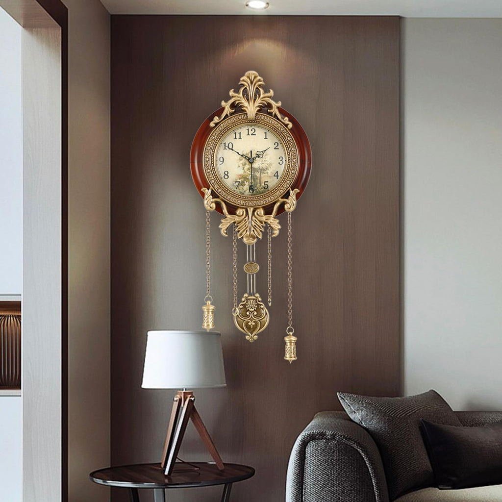 Aero Snail Dia 9-inch Retro Style Vintage Wood Indoor Wall Clock with Swinging Pendulum (Requires 2 AA Batteries for Clock Hands and Pendulum)