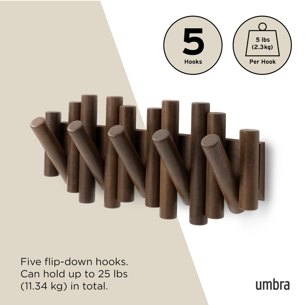 Umbra Picket Wall-Mounted Coat Rack Rail Hook with 5 Retractable Wood Pegs – Modern, Space-Saving Storage Organizer, Black