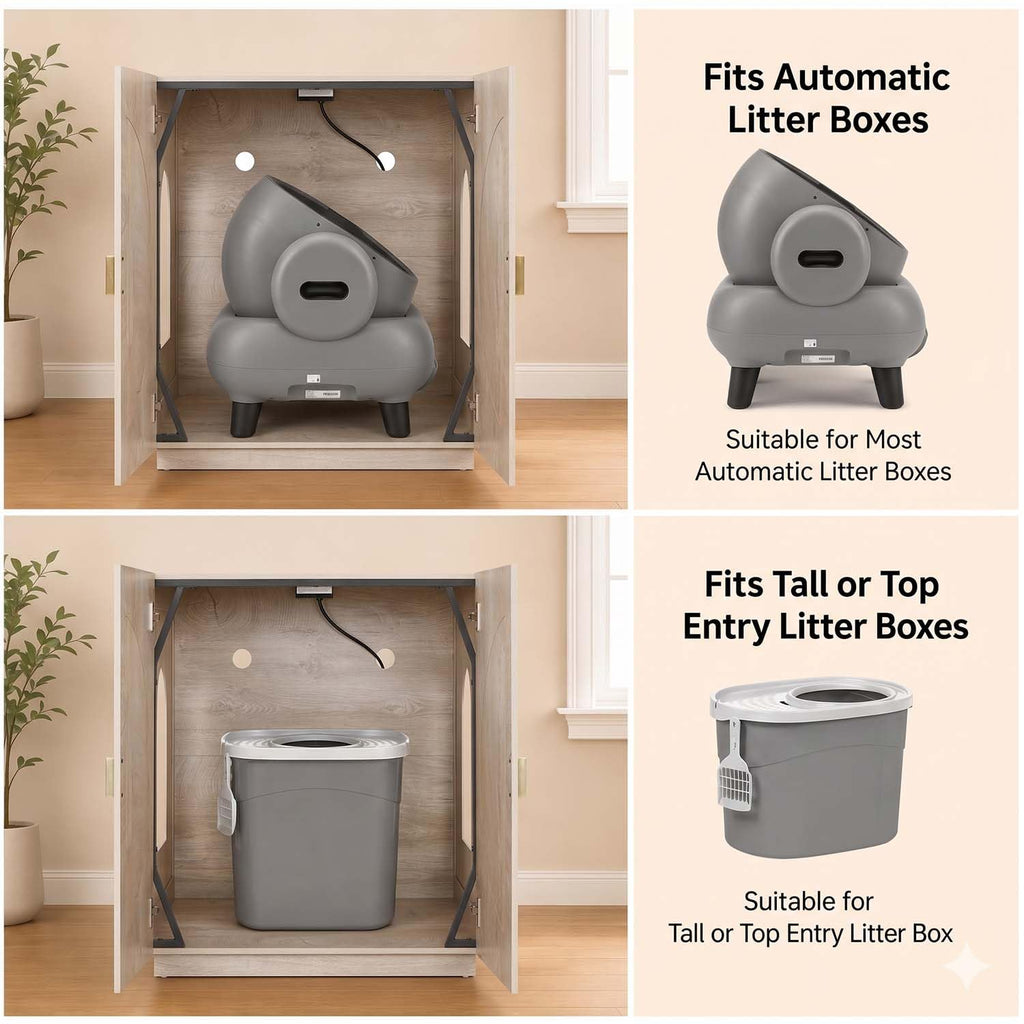 unipaws Extra Large Cat Litter Box Enclosure for Self-Cleaning & Automatic Litter Boxes, Tall Cabinet with Charging Station, Wooden Dog Proof Hidden Cat House for Top Entry Litter Box