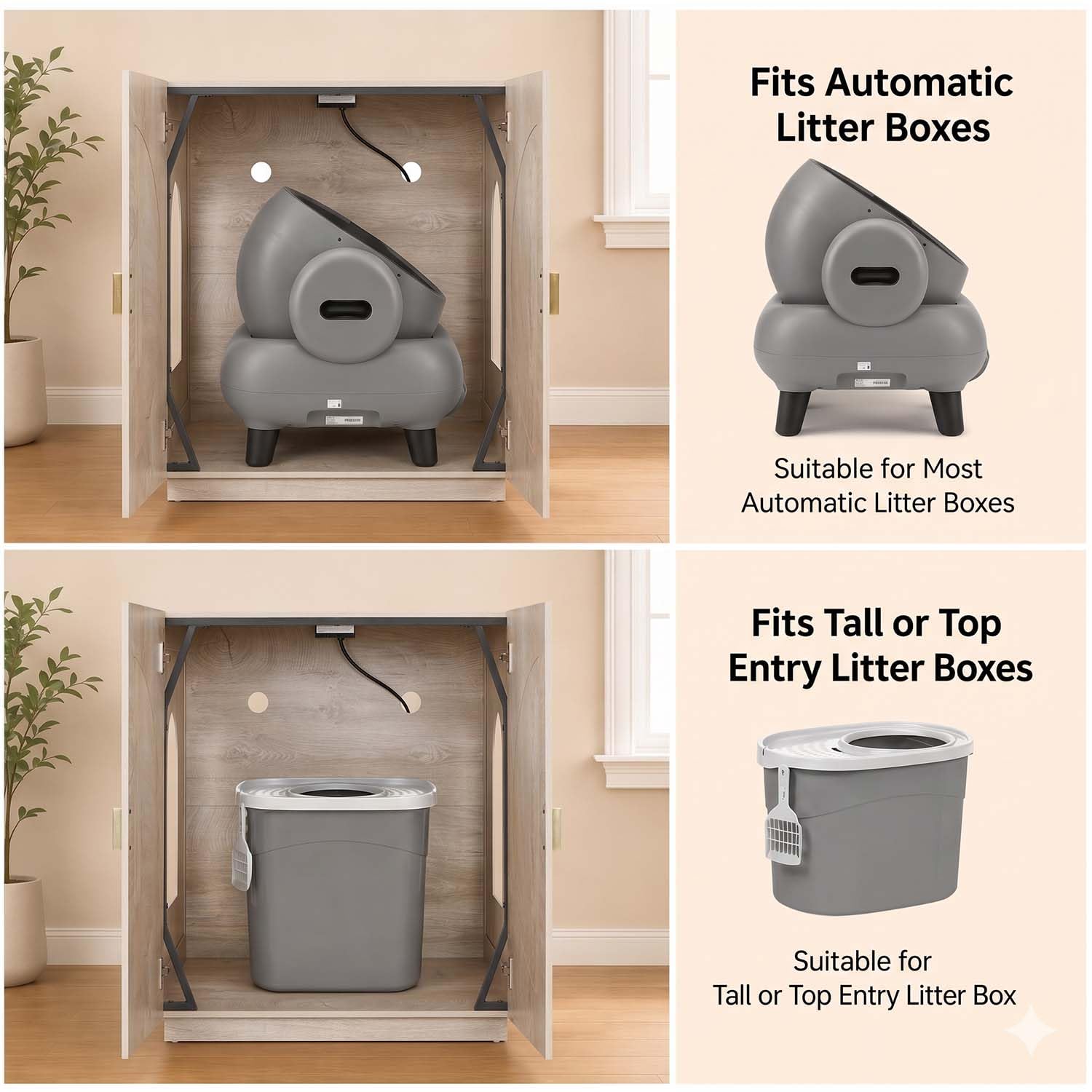 unipaws Extra Large Cat Litter Box Enclosure for Self-Cleaning & Automatic Litter Boxes, Tall Cabinet with Charging Station, Wooden Dog Proof Hidden Cat House for Top Entry Litter Box