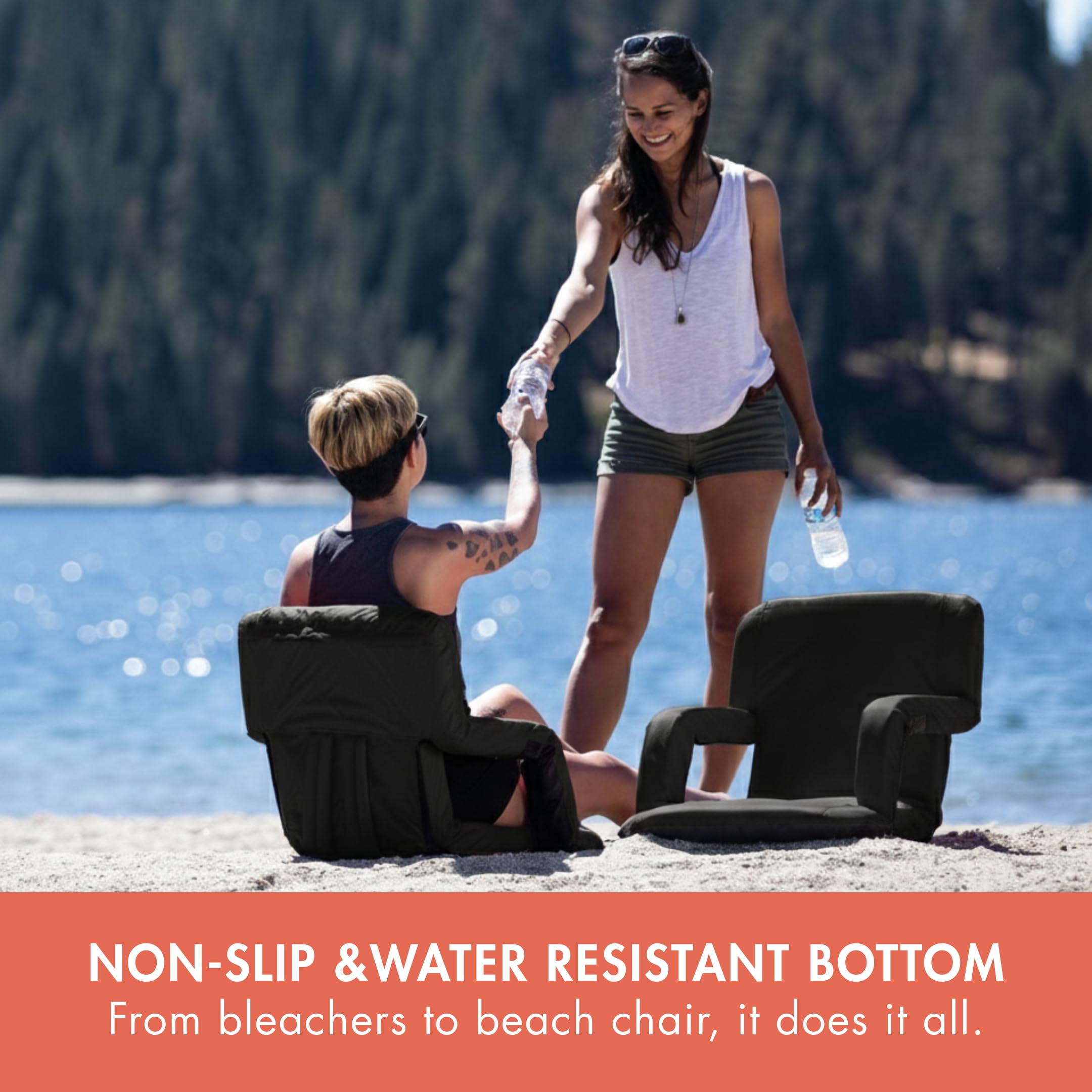PICNIC TIME Ventura Portable Reclining Stadium Seat with Back Support, Folding Bleacher Chairs with Back and Cushion, Thick Padded Stadium Seat, Armrest, and Six Backrest Positions, (Black, Standard)
