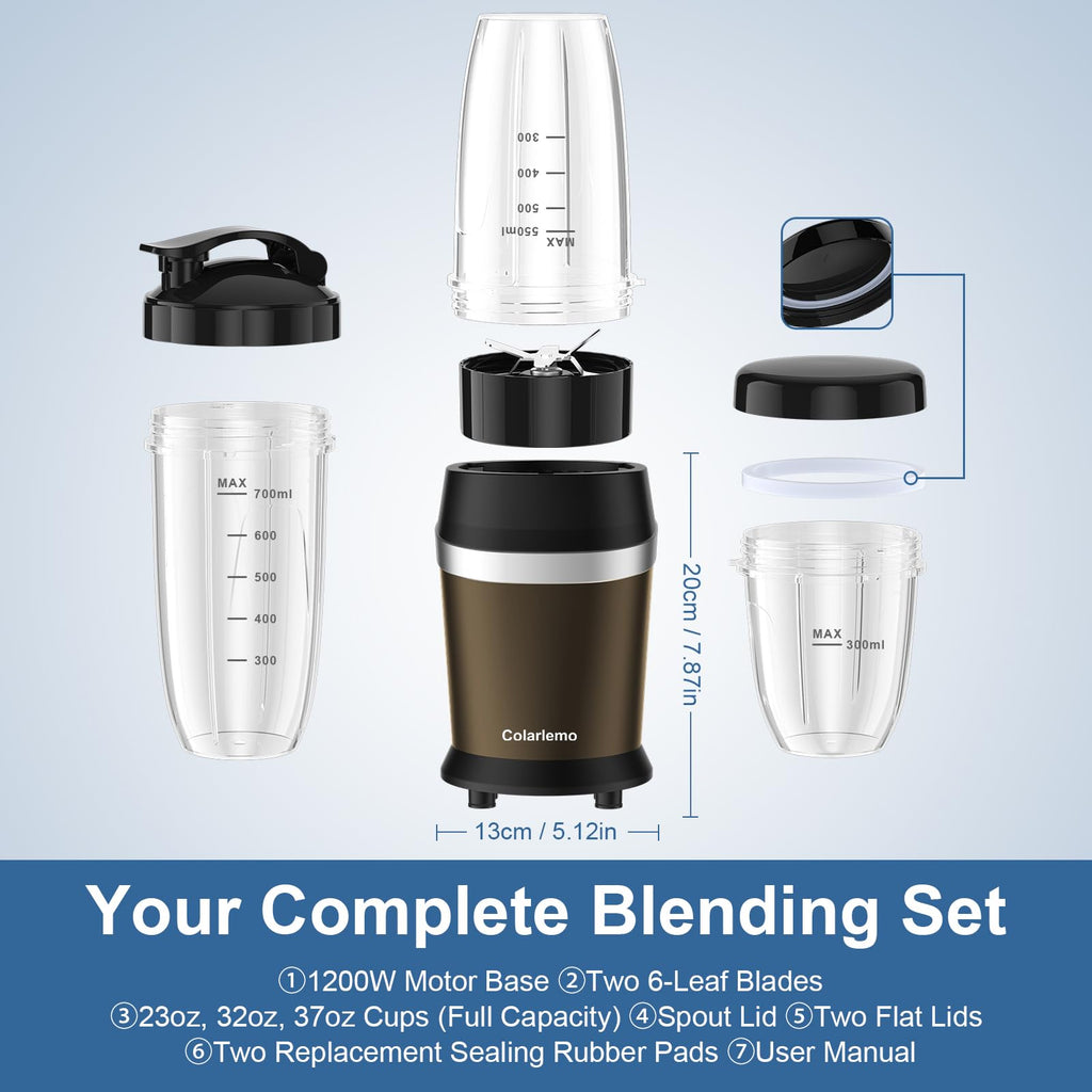 Colarlemo 12-Piece Smoothie Blender Maker 25,000 RPM Personal Blender for Ice Crushing Smoothies & Frozen Drinks Nuts with 23oz, 32oz, 37oz Portable Cups Two 6-Leaf Stainless Steel Blades, Silver