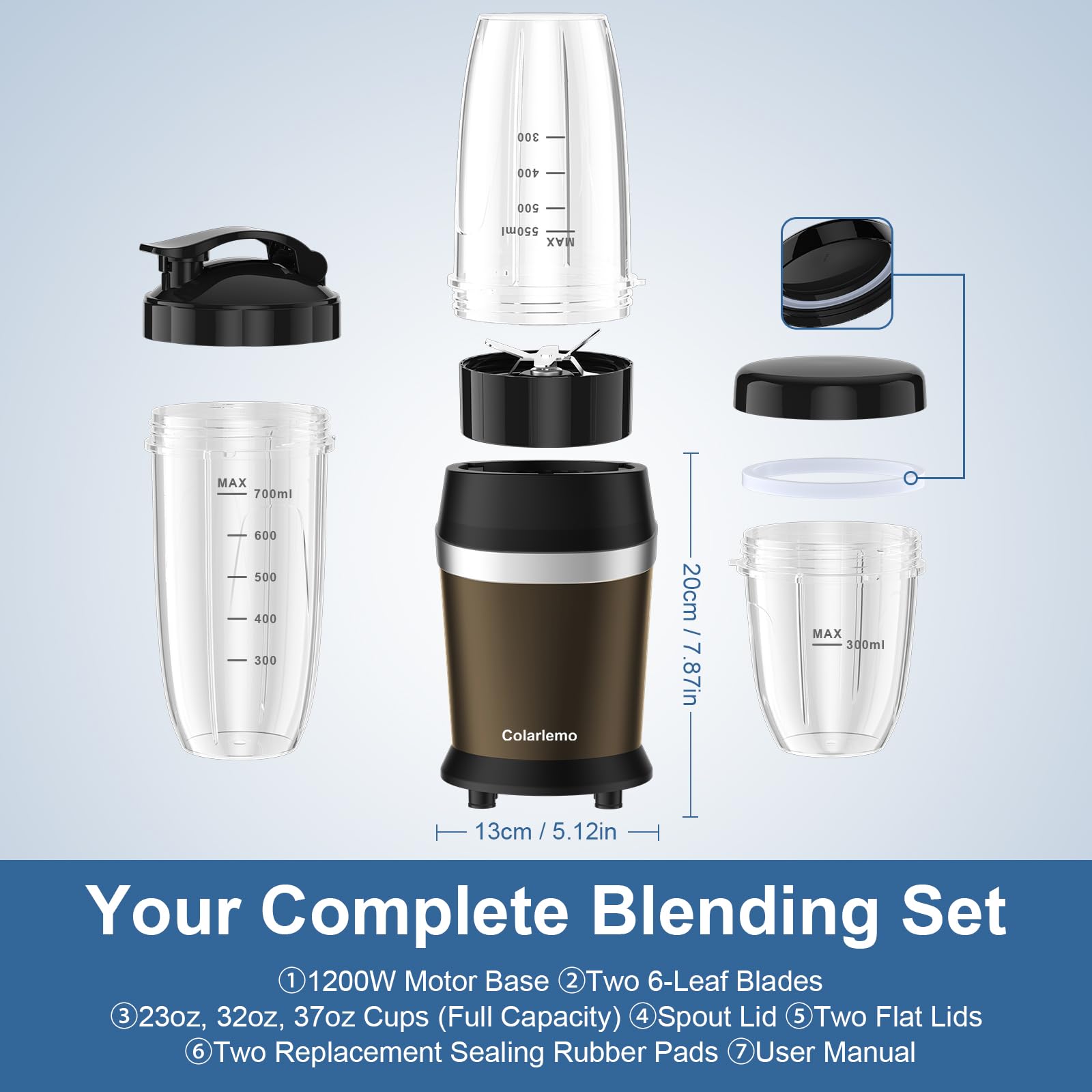 Colarlemo 12-Piece Smoothie Blender Maker 25,000 RPM Personal Blender for Ice Crushing Smoothies & Frozen Drinks Nuts with 23oz, 32oz, 37oz Portable Cups Two 6-Leaf Stainless Steel Blades, Silver