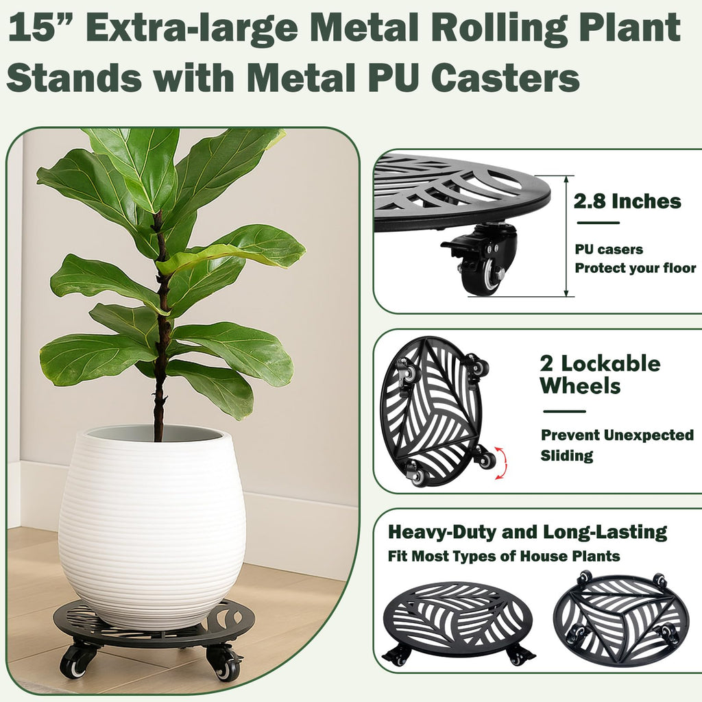 1 Pack 12 inches Large Metal Plant Caddy with 3 PU Metal Wheels Rolling Plant Stand with Casters Indoor Outdoor Wheeled Planter Roller Base Pot Movers Plant Dolly Coaster Trolley Black