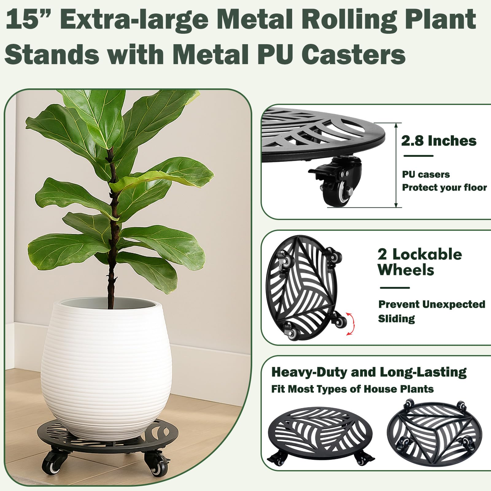 1 Pack 12 inches Large Metal Plant Caddy with 3 PU Metal Wheels Rolling Plant Stand with Casters Indoor Outdoor Wheeled Planter Roller Base Pot Movers Plant Dolly Coaster Trolley Black