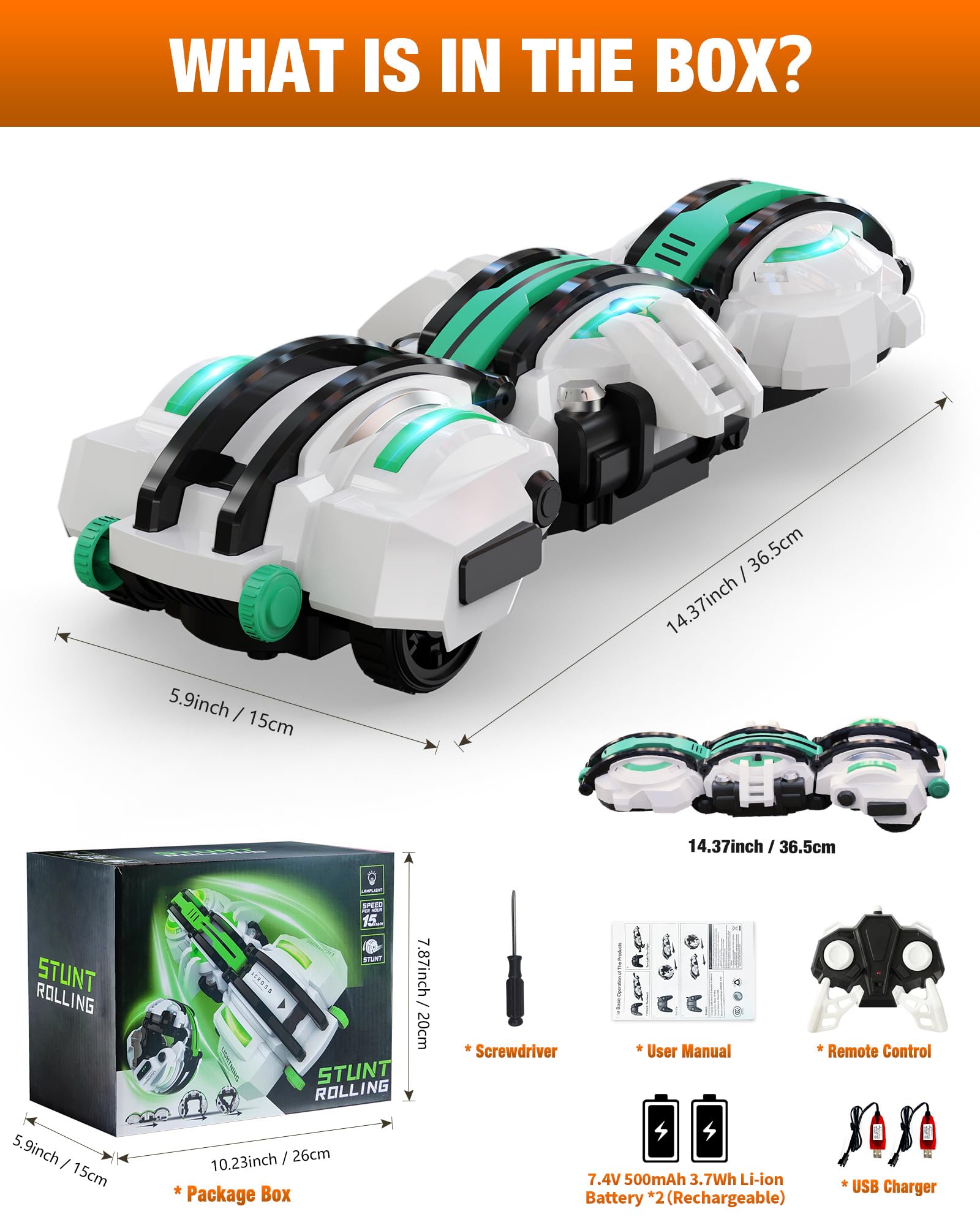 BAZADER RC Car with LED Lights - Remote Control Car Snakes 360° Roll Toy, Birthday for Kids Age 7 8 9 10 11+ Year Old, 2 Batteries 60+min, Indoor/Outdoor Toy for 6-12 yr Teen Boys