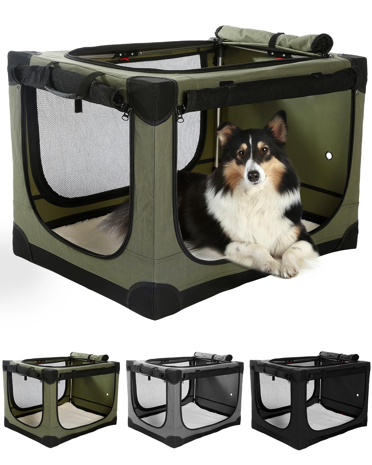 Veraste 24" L x 17" W x 17" H Collapsible Travel Dog Crate, Portable Soft Dog Kennel for Small Medium Pets up to 30 lbs, 4-Door Foldable Travel Crate with Durable Mesh & Storage Bag, Black