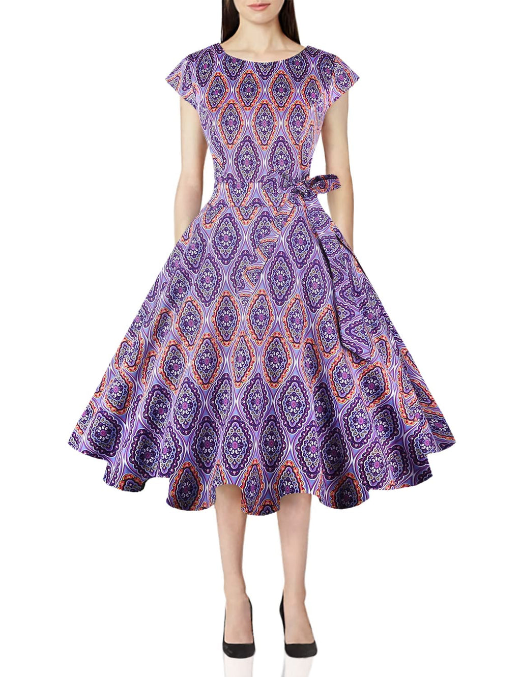 PUKAVT Women's 1950 Boatneck Cap Sleeve Vintage Swing Cocktail Party Dress with Pockets